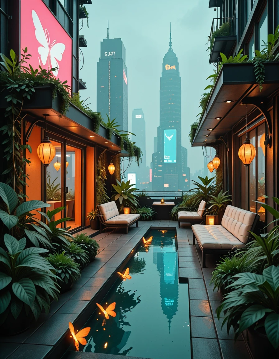 A hidden rooftop garden sanctuary in the heart of a sprawling cyberpunk metropolis, surrounded by towering skyscrapers and glowing neon billboards. The garden is lush and overgrown with bioluminescent plants, hydroponic vines, and high-tech greenhouse structures made of glass and chrome. Soft ambient lights line the walkways, and digital butterflies flit among the foliage. Futuristic benches, glowing koi ponds, and hanging lanterns create a tranquil atmosphere above the chaotic city below. The sky is hazy with smog, illuminated by distant flying vehicles and holographic ads. No people are present.hidden rooftop garden s4nctu4ry, <lora:hidden_rooftop_garden_s4nctu4ry-i:1>, Masterpiece,best quality,hi res,8k,hi res,8k,award winning,(sharp focus, intricate, highly detailed),
