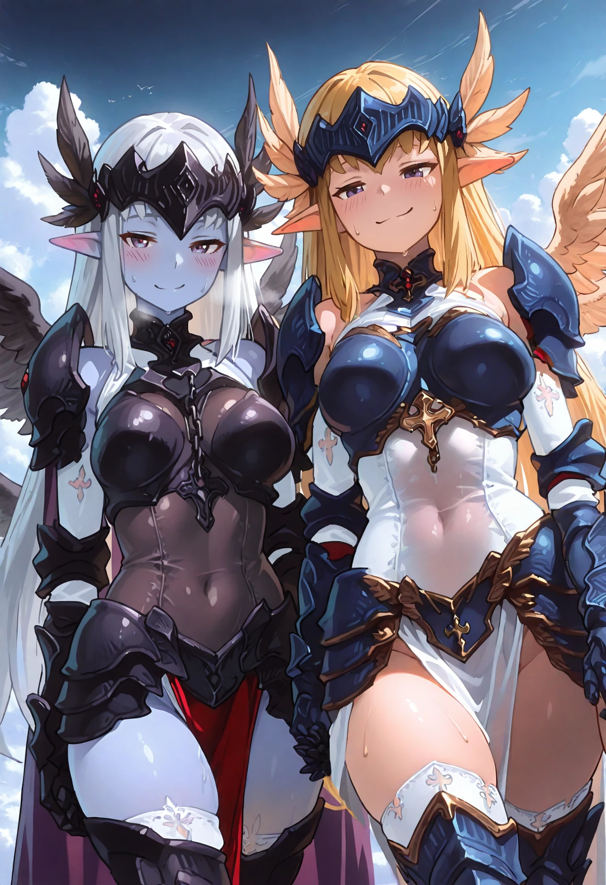Woman with white and light blue hair, diamond armor with white clothes , black gloves, clear blue eyes, white angel wings and a light blue halo with a serious non-sexualized look