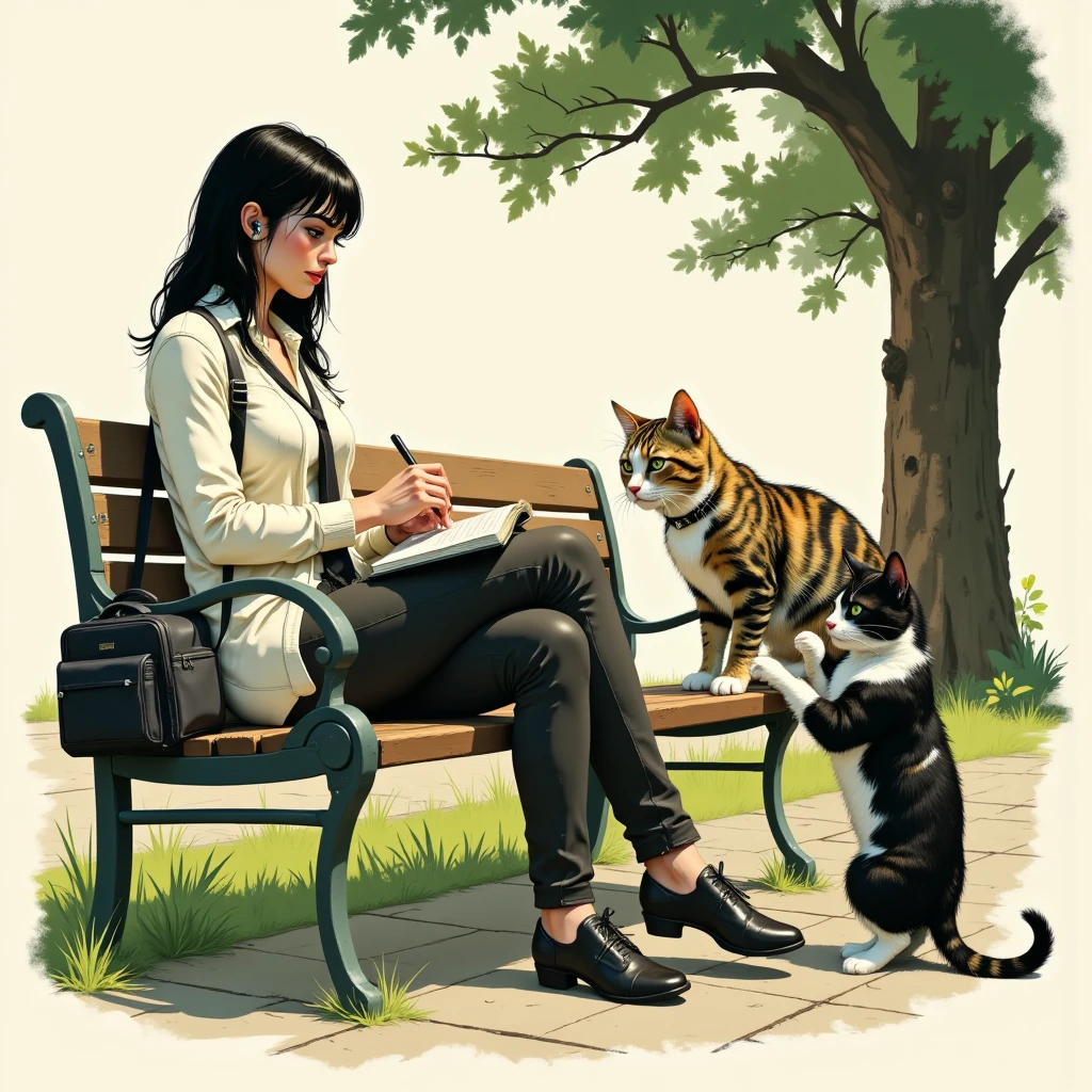 illustration drawn from an angle from above the subject at a side, captures a serene outdoor scene with soft, diffused lighting. Miranda, a woman with dark hair, clad in a white cardigan, shirt, and tie, sits casually on a park bench. she is engrossed in writing in a small notebook held in her left hand, her right hand poised with a pen. Earphones are visible in her ears, suggesting she's listening to something. Beside her on the bench, to her right, a striped tabby cat with white markings is perched on a dark bag, looking downwards with curiosity. Below, on the ground to the right, another cat with spotted black and white fur stands on its hind legs, playfully reaching up towards the bench with its front paws, pulling Mirand's lunchbox out of the bag, opening and eating the lunch. Lush foliage and what appears to be a tree are visible in the soft-focus background, adding depth to the composition., c0mix2