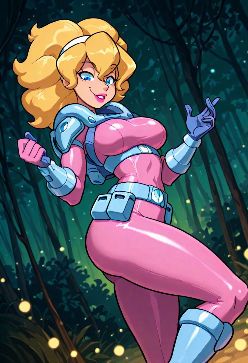 LadyLunaTS, 1girl, solo, tall woman, blonde hair, thick voluminous hair, shoulder-length wavy hair, bangs, bangs covering forehead, white headband with blue stars, blue eyes, full lips, pink lipstick, purplish-blue spacesuit, jetpack, belt, armor, wide hips, large breast, curvy thighs, large butt, boots, gloves, bodysuit,
masterpiece, best quality, fine details, intricate details, depth of field, subsurface scattering, bokeh, ultra-detailed, very aesthetic, detailed background, newest, scenery, highres, absurdres, colorful, vibrant, glowing, perfect face, 2d, perfect eyes, vibrant saturated colors, volumetric lighting, sharp, detailed eyes, perfect anatomy, perfect face, perfect eyes, mature body, clear eyes, beautiful eyes, athletic, curvy body, athletic girl, perky tits, perfect tits, round breasts, pinup pose, teasing, lustful expression, perfect hands,
muscular female, dutch angle, dynamic pose,
,Smooth Negative, Smooth_Quality,