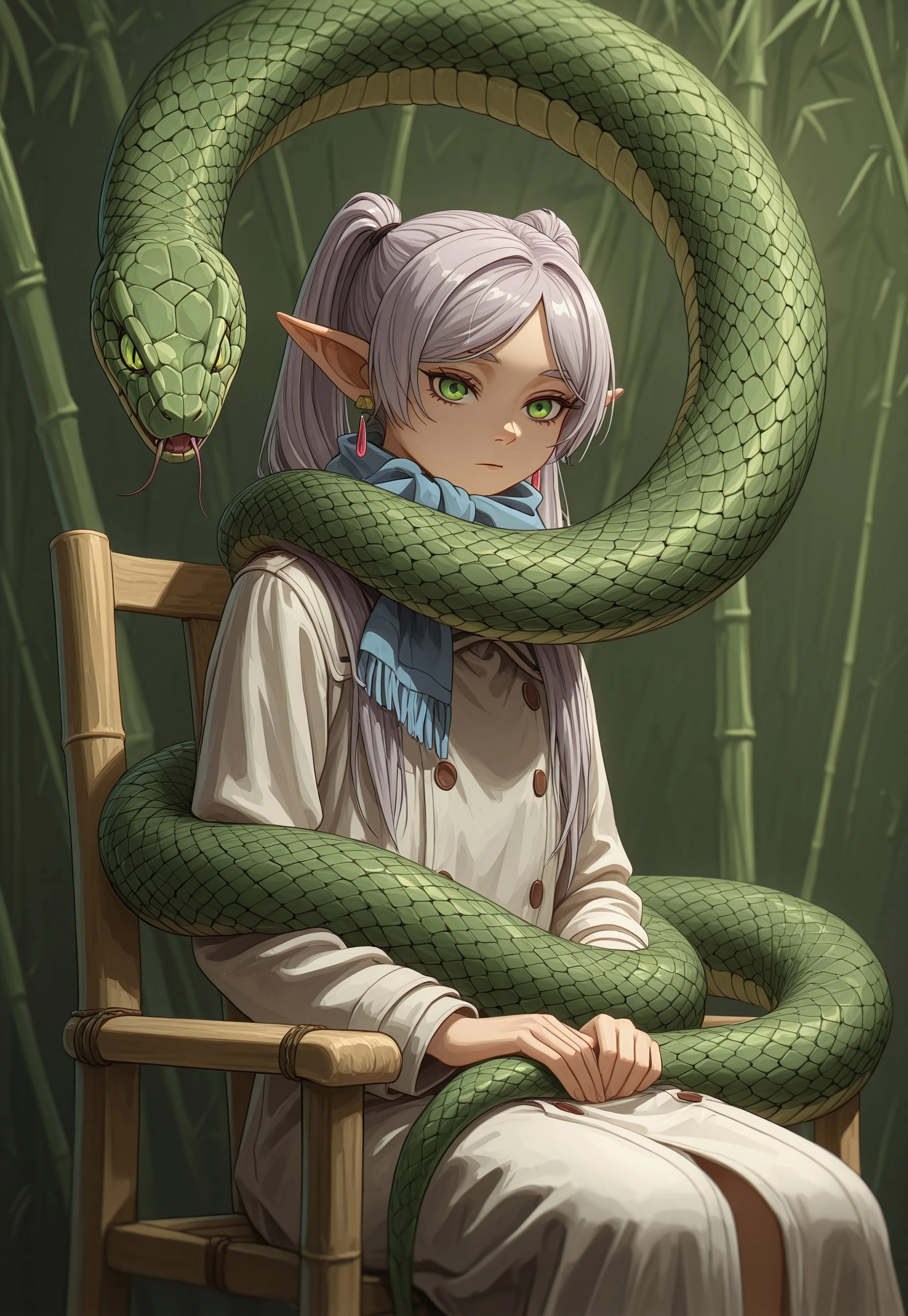 (((ultra detailed, masterpiece, high quality, frontal view, girl sitting on bamboo chair, frontal shot)))
, 
((( Entsermb2, serpent wrapping body, serpent coiled around, serpent entangled, serpent embrace, large serpent, mystical serpent,  )))
,
((( 1girl, solo, )))
,
((( grey hair, long hair, green eyes, twintails, parted bangs, earrings, pointy ears, FrierenWinter, white coat, blue scarf, buttons, long sleeves )))
,
(((  )))
,
((( )))

((( )))
