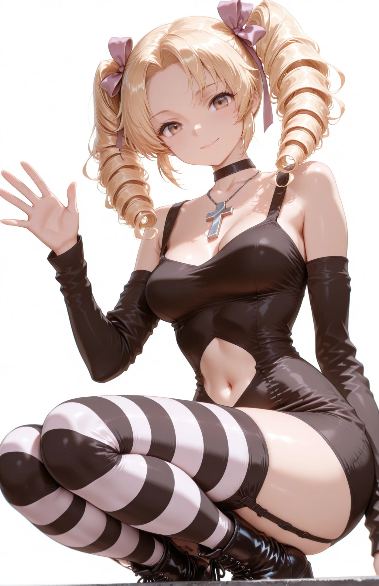 ((Highest quality)), (masterpiece)), (detailed: 1.4), Disorganized solutions、High resolution、(masterpiece:1.4)、Super detailed、Beautiful girl、Highest quality、masterpiece、Very detailed、(1 person):1.4、(Black latex swimsuit)、(Blonde):1.3、Twin tails、Short Twin tails、choker、(Dark blue eyes):1.1,(Shiny latex)、elbow fullgloves,thighhigh boots,