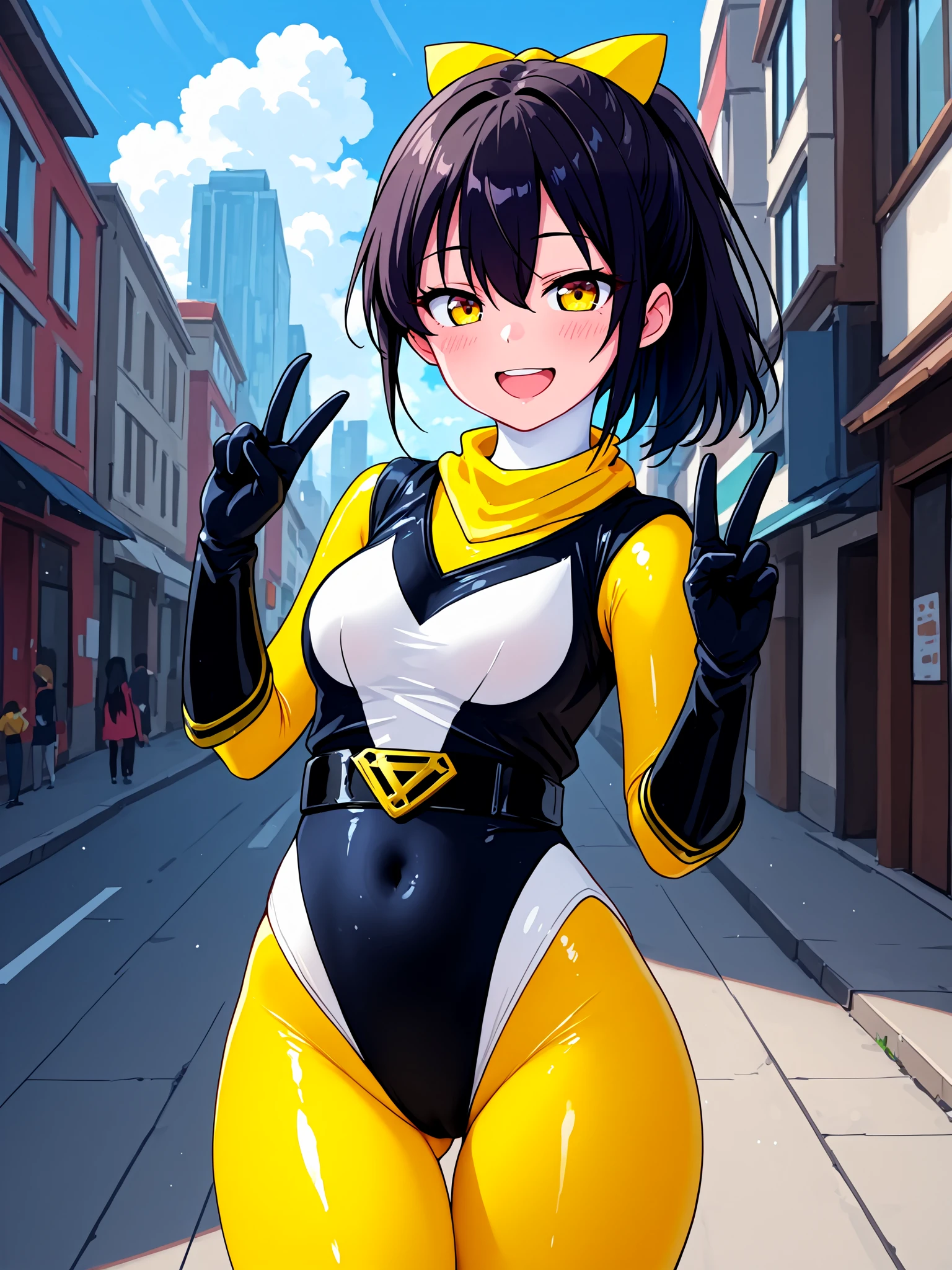 1girl, solo, hanan0kun0ichigumi, shiny clothes, (spandex:1.5), (white neck, covered neck:1.2), bodysuit under clothes, yellow bodysuit, yellow scarf, <lora:Hana_no_Kunoichi_Gumi_IL:1>, BREAK,
two-tone leotard, black leotard, white leotard, highleg leotard, elbow gloves, black gloves, gold trim, belt, black belt, BREAK,
black hair, ponytail, hair between eyes, hair bow, yellow bow, yellow eyes, medium breasts, BREAK,
smile, open mouth, teeth, upper teeth only, blush, looking at viewer, BREAK,
double v, covered navel, ass visible through thighs, cowboy shot, BREAK,
outdoors, city, street, blue sky, cloudy sky