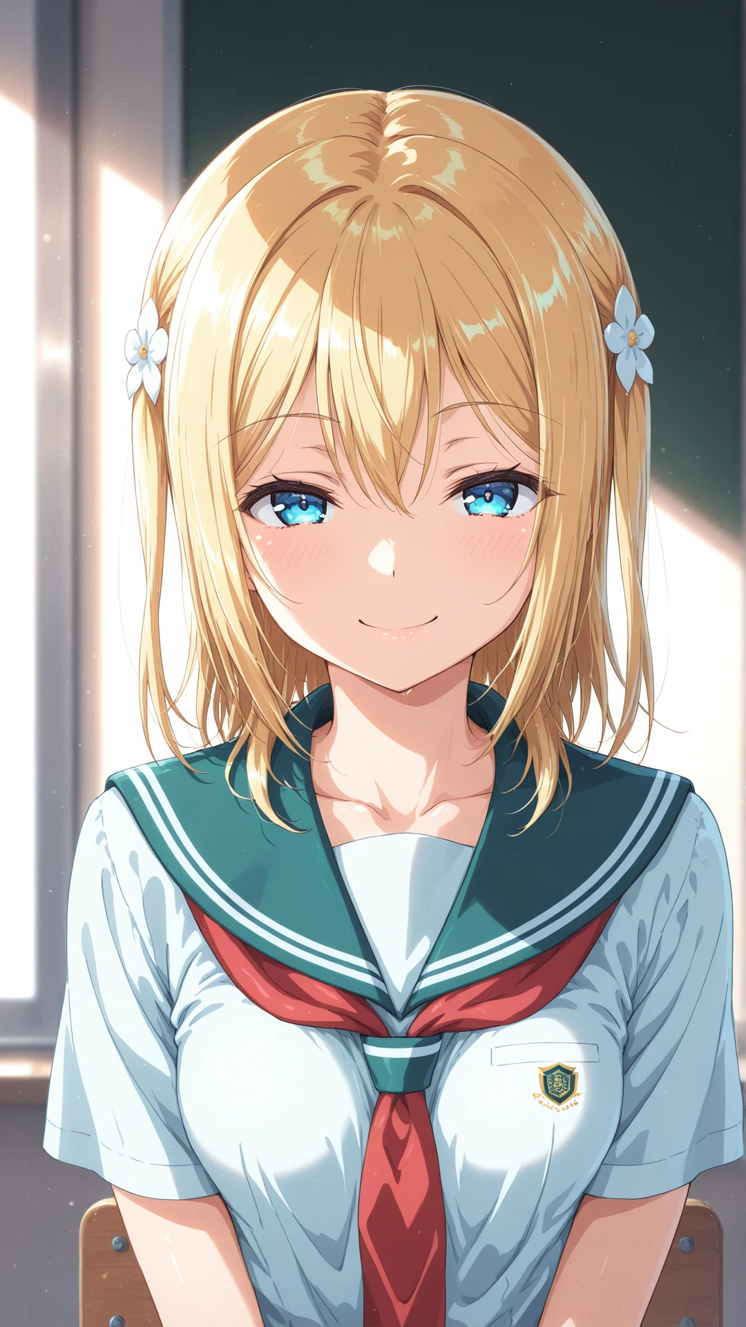 face close_up,from front,looking at viewer,seductive smile, 
<lora:chika_IL:1> chika, blonde hair, blue eyes,small breasts,school uniform, 
beautiful detailed eyes BREAK
score_9,score_8_up,score_7_up,score_6_up,(ultra detailed:1.4), (high quality:1.3), (masterpiece:1.4),amazing quality,very aesthetic,absurdres,Highly detailed illustration,Artstation style,elegant,sharp focus,cinematic lighting