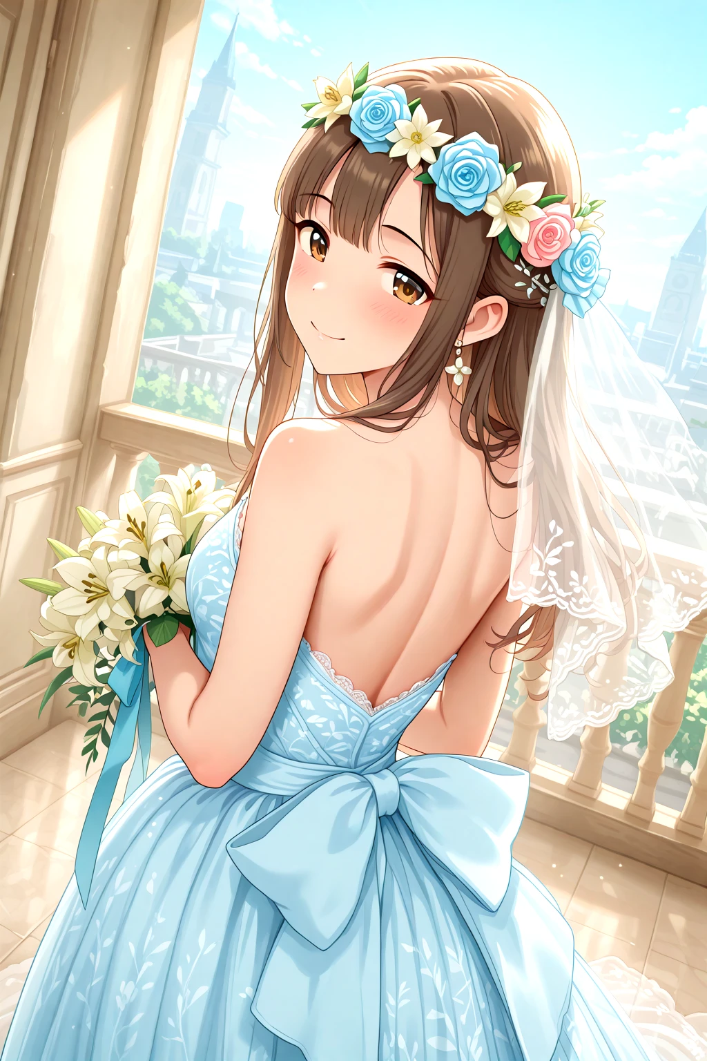 masterpiece, best quality, amazing quality, 1girl, solo, makeup, general, cowboy shot, looking at viewer, blush, dramatic angle, smile, flower, rose, pink rose, white rose, blue rose, white flower, pink flower, lily(flower), sky, hall, <lora:Mizumoto_Yukari_Cinderella:1>, Mizumoto_Yukari_Cinderella, long hair, brown hair, brown eyes, breasts, blunt bangs, white dress, blue dress, long dress, strapless dress, sleeveless dress, backless dress, lace-trimmed dress, lace trim, see-through, hair ornament, hair flower, flower earrings, earrings, dress bow, back bow, jewelry, lace, white lily, bouquet, holding bouquet, bare shoulders, bare arms, shoulder blades, head wreath, railing, wedding, bride, wedding dress, bridal veil, veil, <lora:wai-A3-V140:1>, <lora:illustrious_noobai_epsilon_pred_1_masterpieces_v1:1>