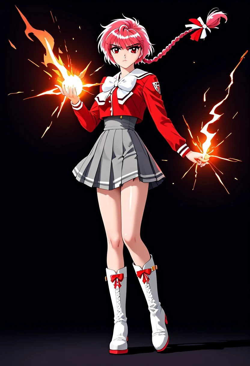 Magic Knight Rayearth, CLAMP art style, [Hikaru Shidou] 1 girl, cute face, serious face, short hair, red hair, pink hair highlights, 1 braid, bow, very long braid, red eyes, slender body, medium breasts, (school uniform, gray skirt, white boots, knee-high boots, magic armor), standing, hand on waist, looking at viewer, scarlet aura, dark background, dark purple clouds, red lightning, light fire, dark lighting, scary atmosphere