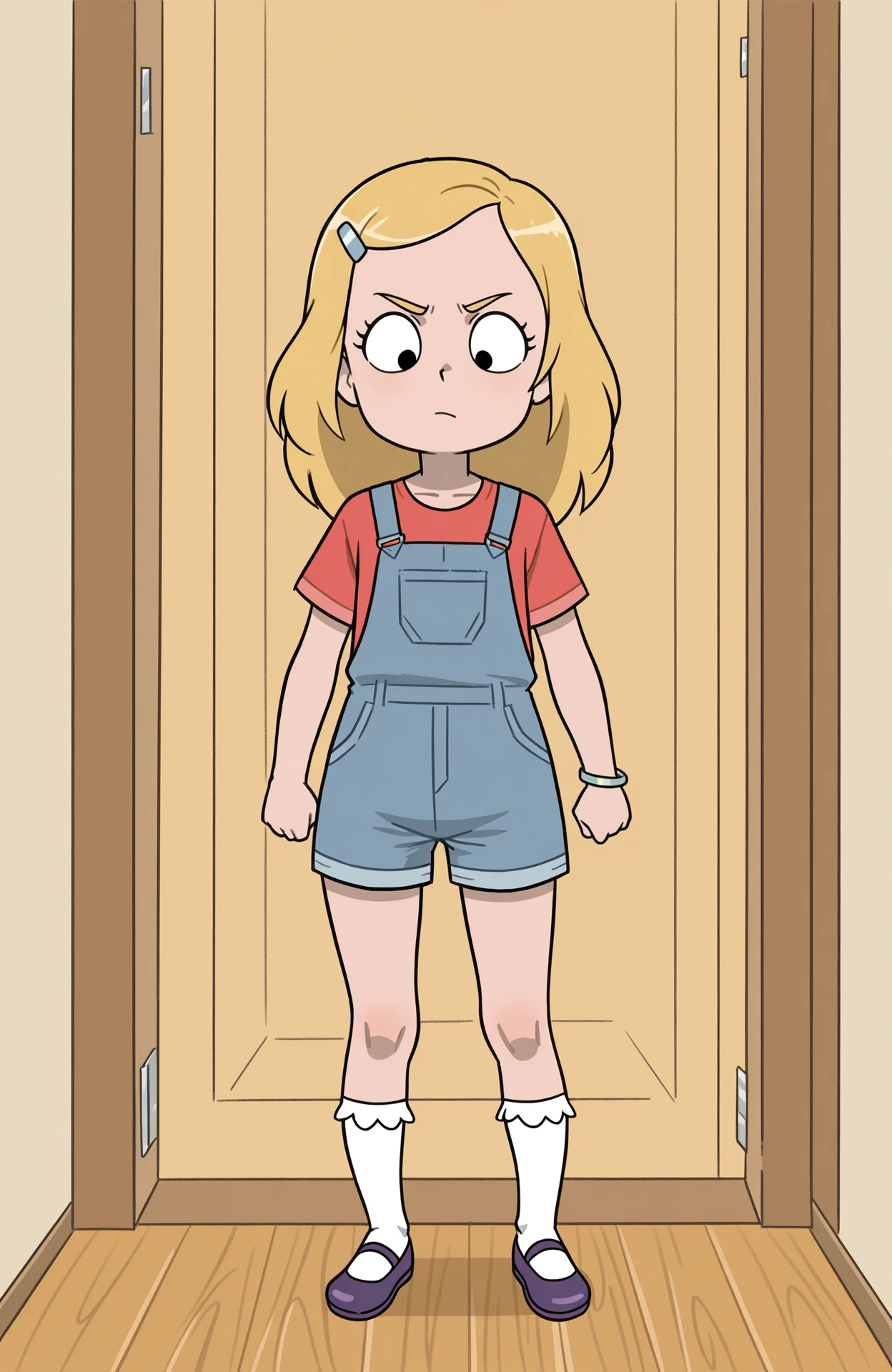 masterpiece, best quality, amazing quality, 1girl, solo,
<lora:YoungBeth_v1:0.8> youngbeth, black eyes, child, blonde hair, long hair, hairclip, blue overalls, overall shorts, kneesocks, frilled socks, white socks, bracelet, red shirt, short sleeves, purple footwear, mary janes,
standing, mid-stride, determined gaze, dynamic posture, sense of motion,
 <lora:Daikinbakuju_v2:0.9> daikinbakuju