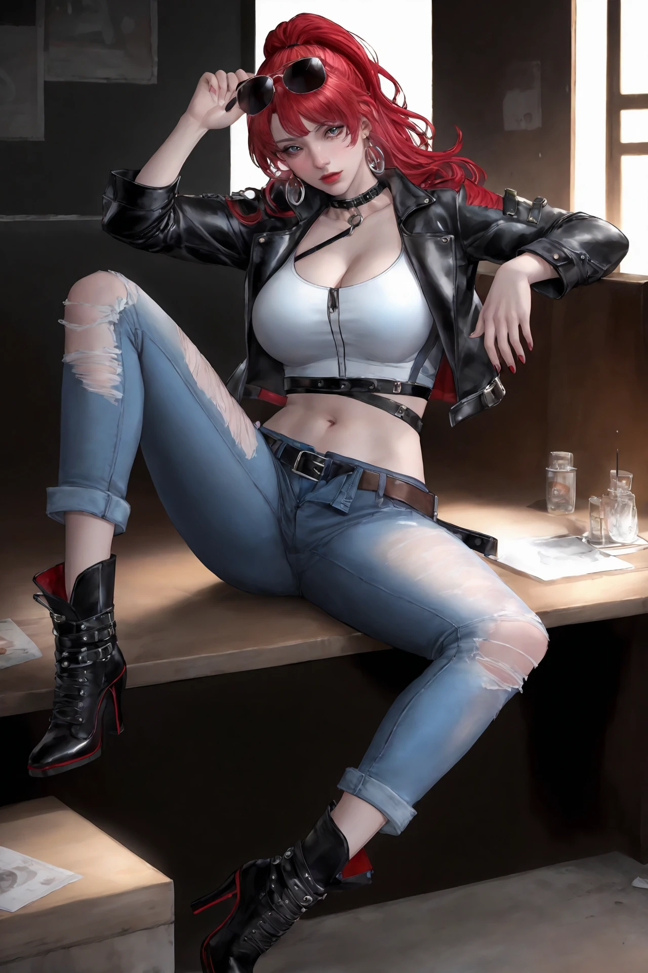 Photograph, a fierce young woman in her early twenties on a throne looking directly at the camera , sporting a rebellious undercut hairstyle with streaks of firey red. Her eyes are a piercing green that seem to question the status quo with every glance. Tattoos of cryptic symbols and constellations snake up her forearms, complementing the leather jacket that's practically her second skin. She often wears fingerless gloves and military boots, gear that serves her well whether she's navigating a dystopian wasteland or an enchanted forest. Around her neck, she wears a pendant of a half of a broken gear, Legs spread,