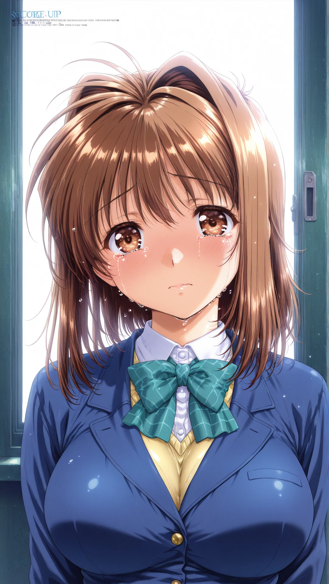 portrait, crying, school swimsuit, blue blazer,
<lora:kawai_rie_IL:1> kawai rie, brown hair, short hair, hair intakes, bangs, brown eyes, large breasts,
score_9,score_8_up,score_7_up,score_6_up,(ultra detailed:1.4), (high quality:1.3), (masterpiece:1.4),amazing quality,very aesthetic,absurdres,Highly detailed illustration,Artstation style,elegant,sharp focus,cinematic lighting ,