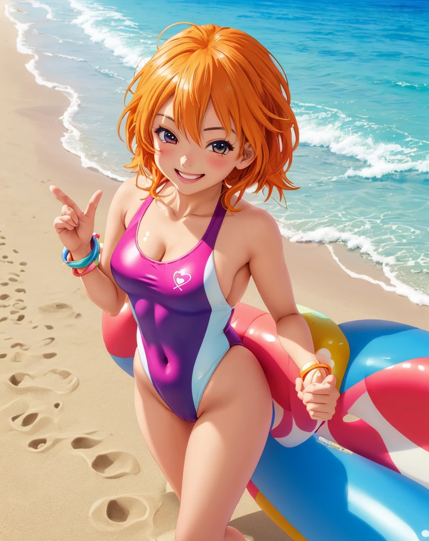 female、Shore beach、sunny、swimsuit one piece、seductive pose、Frolic with the waves、enchanting smile、