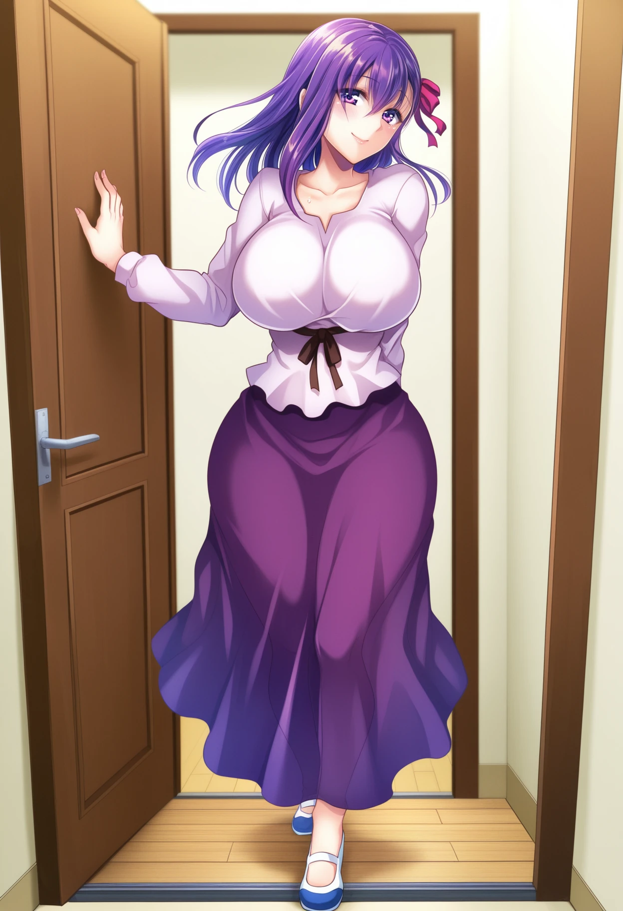 NonoharaMikako, milf, anime cels style, 1girl, large breast, purple hair, long hair, red lipstick, makeup, blue eyes, perfect eyes, detailed eyes, detailed hair, blush, lipstick, masterpiece, best quality, highly detailed, breasts, nude,
thighs, open robe, nipples, parted lips, ,pose , evil smile, smile, (nsfw) not safe for work, lipstick ,
pussy, hold a handgun, bedroom, standing