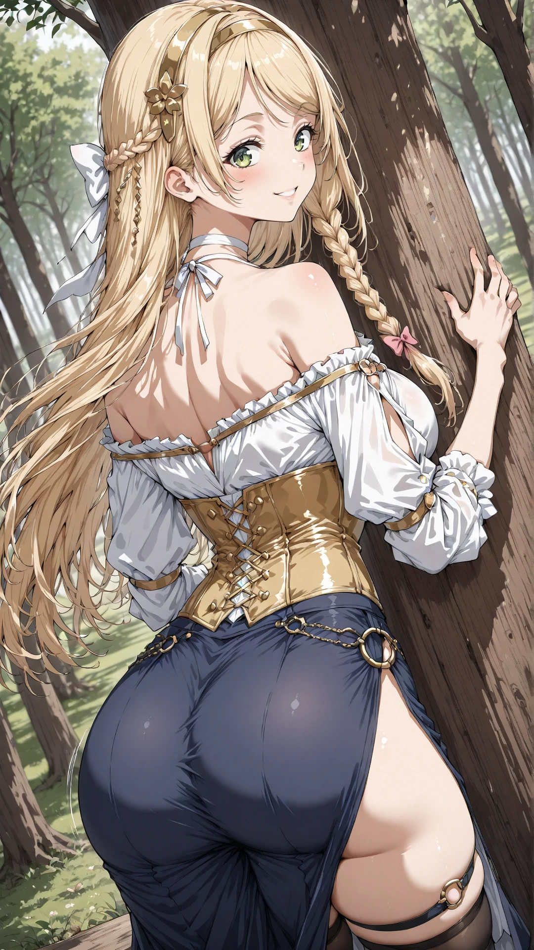 ultra-detailed、highest quality、Highest image quality、master piece、8K、blonde curly hair、(SFW huge body)、(((Rear view)))、cowboy shot、wearing a thong