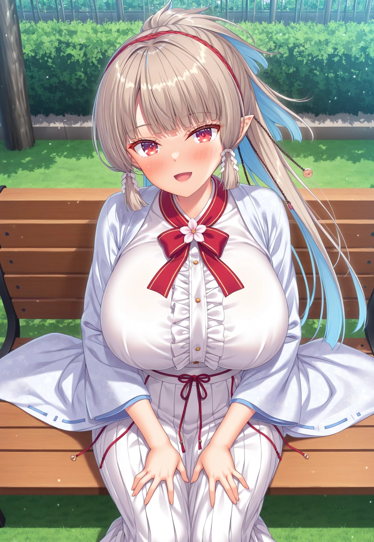 (masterpiece, Highest quality:1.2), alone, One girl, 幼いchildのゴールドシップ, pillbox hat、Red dress、No sleeve、Knee-high socks、Horse tail,、grassland、Nature、blush、(Huge breasts:1.4)、Transparent clothes、Clothes are see-through、、Kindergarteners、、6 years old、、の小さな体、From below、Clothes get wet、Nipples are visible、Close your eyes and laugh、smile、Open your legs、Spread your legs、Air chair、Pink floral underwear、is see-through、Drip a large amount of love juice、Massage the breasts、Touching the chest