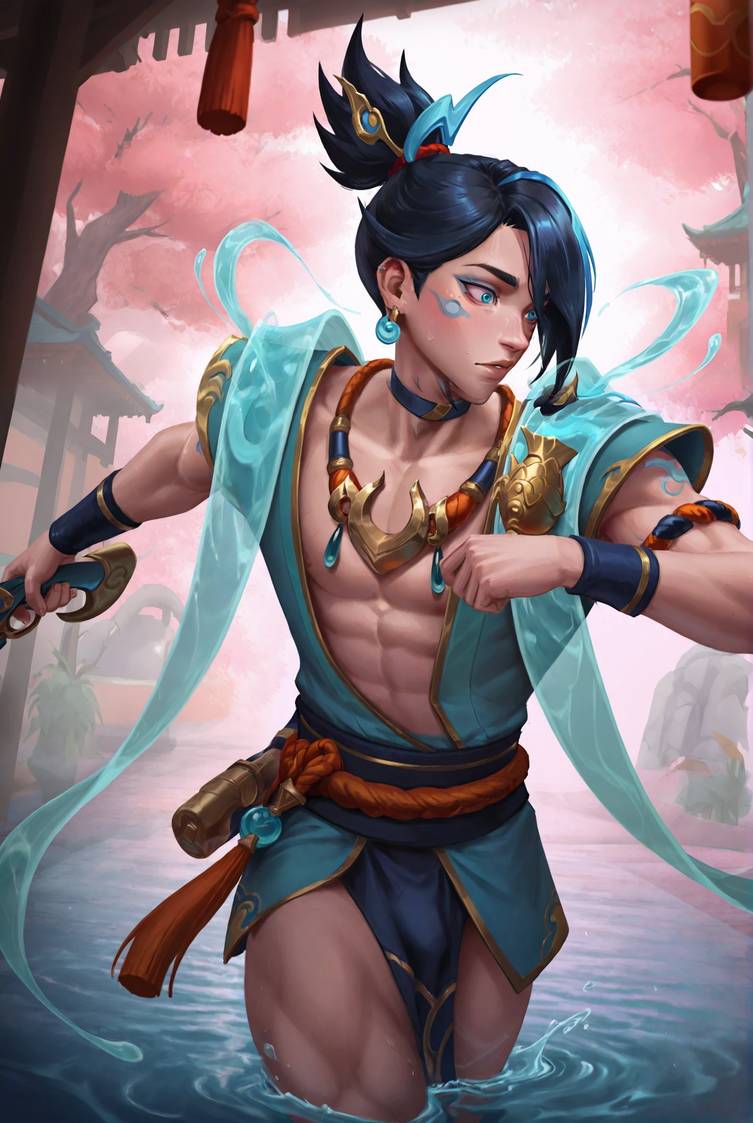 Masterpiece, Best quality, handsome young 1 young man, solo, full-length, looking at the viewer, upper body without clothes, naked torso, background Japanese landscape, Scaramuccia (Genshin Impact), big hat