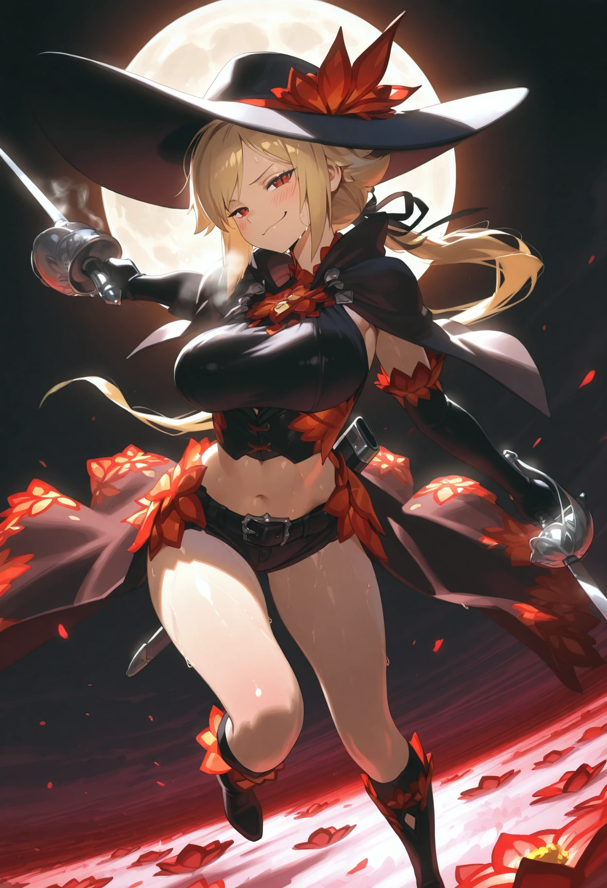 masterpiece, best quality, siki (senran kagura), 1girl, breasts, mole under mouth, huge breasts, one eye closed, hair ornament, blonde hair, mole, solo, red eyes, long hair, large breasts, tongue, tongue out, cape, cleavage, bat wings, leotard, hairclip, wings, navel, bat (animal), smile, looking at viewer, halloween costume, belt, head wings, garter straps, outstretched hand, simple background,