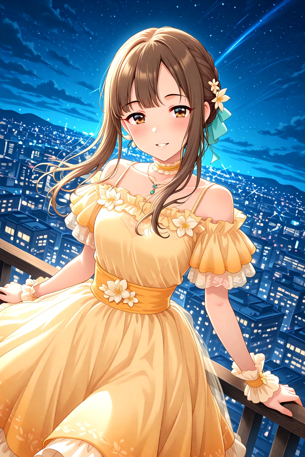 masterpiece, best quality, amazing quality, 1girl, solo, makeup, general, cowboy shot, looking at viewer, blush, dramatic angle, smile, parted lips, standing, on railing, outdoors, night, railing, building, bridge, city, cityscape, city lights, skyscraper, skyline, balcony, yokohama, flower, white flower, sparkle, star(sky), cloud, night sky, starry sky, water, bare shoulders, collarbone, <lora:Mizumoto_Yukari_Cinderella:1>, Mizumoto_Yukari_Cinderella, long hair, brown hair, brown eyes, breasts, blunt bangs, braid, sidelocks, dress, off-shoulder dress, yellow dress, multicolored dress, multicolored clothes, layered dress, gown, frilled dress, frilled sleeves, short sleeves, ribbon, hair ribbon, dress flower, frills, off shoulder, choker, frilled choker, necklace, jewelry, wrist cuffs, hair ornament, hair flower, <lora:wai-A3-V140:1>, <lora:illustrious_noobai_epsilon_pred_1_masterpieces_v1:1>