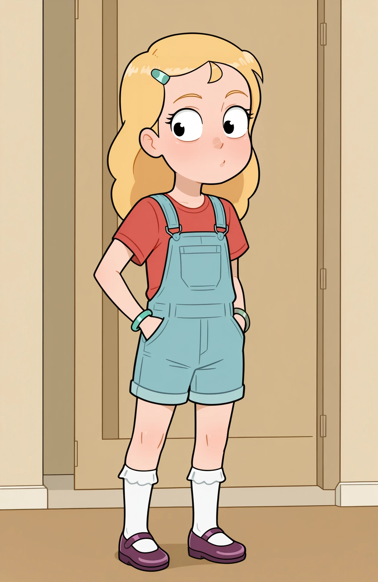 masterpiece, best quality, amazing quality, 1girl, solo,
<lora:YoungBeth_v1:0.8> youngbeth, black eyes, child, blonde hair, long hair, hairclip, blue overalls, overall shorts, kneesocks, frilled socks, white socks, bracelet, red shirt, short sleeves, purple footwear, mary janes,
standing, hands in pockets, sideways glance, unfathomable look, elusive pose,
 <lora:WossaRem_v4:0.9> wossarem