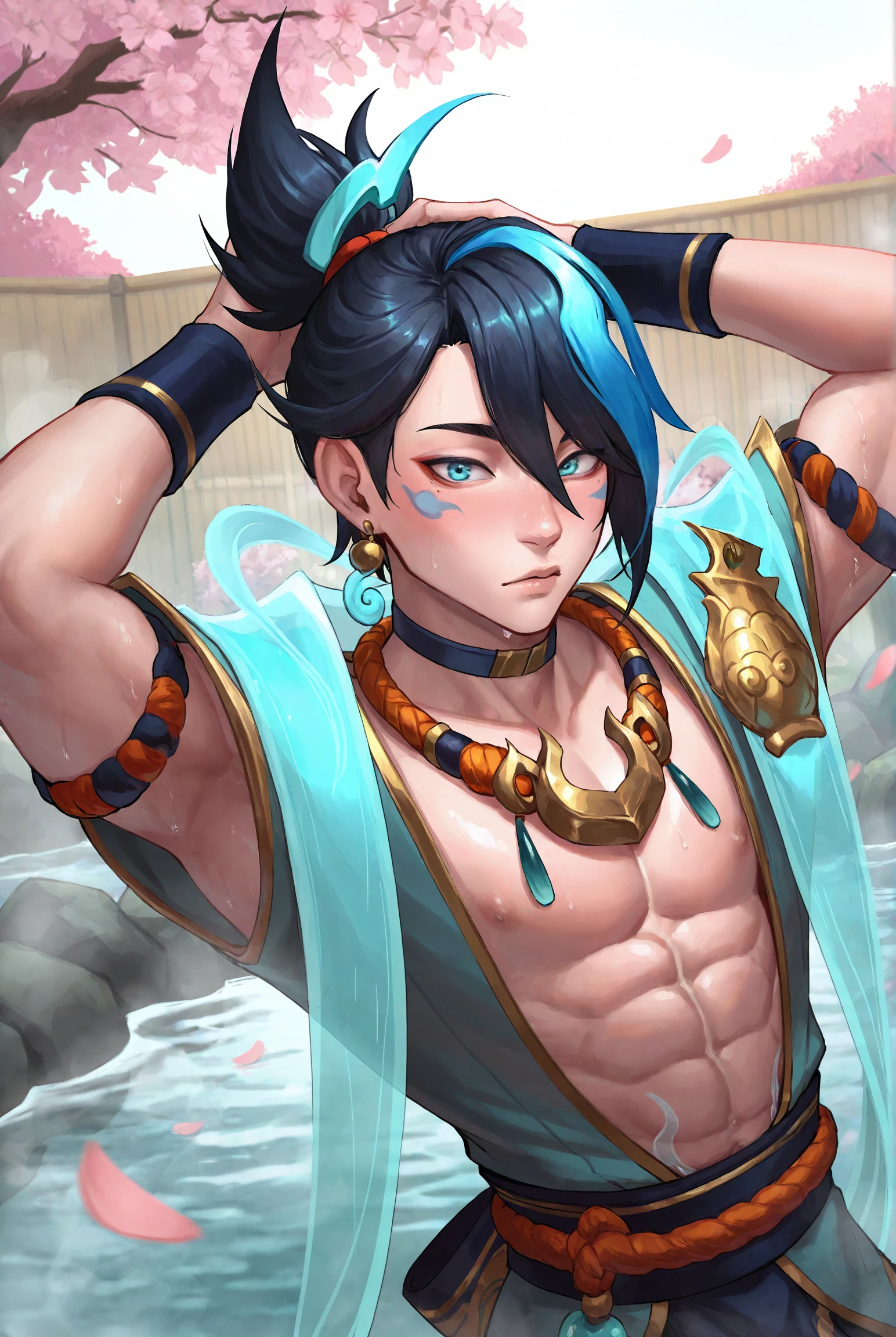 Handsome boy,glowing light eyes,There are earrings on the ears,Have a bracelet on your wrist,(There are metal ankle rings on the ankles:0.8),chest muscle,beast ear,Tattooed with,glowing light eyes