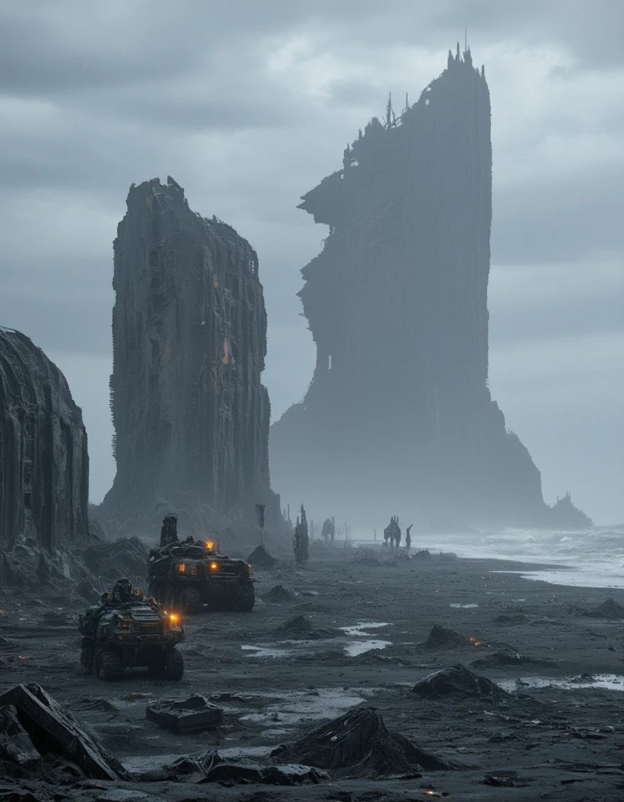 <lora:CWLost_city1flux:1> post-apocalyptic sci-fi ruins, massive crumbling alien towers, futuristic architecture in decay, ominous overcast sky, desolate muddy terrain, scattered debris and rubble, advanced tactical soldiers exploring, armored vehicle with orange lights, cinematic moody lighting, foggy dystopian atmosphere, abandoned alien megastructures, high-detail textures, stormy weather, wide-angle view, towering ruins, hostile wasteland, sci-fi exploration scene, wet reflective ground, eerie silence, looming threats, dark ambient tones, futuristic decay, ruined metropolis backdrop, rain, storm, rough sea, huge high waves, cliff,