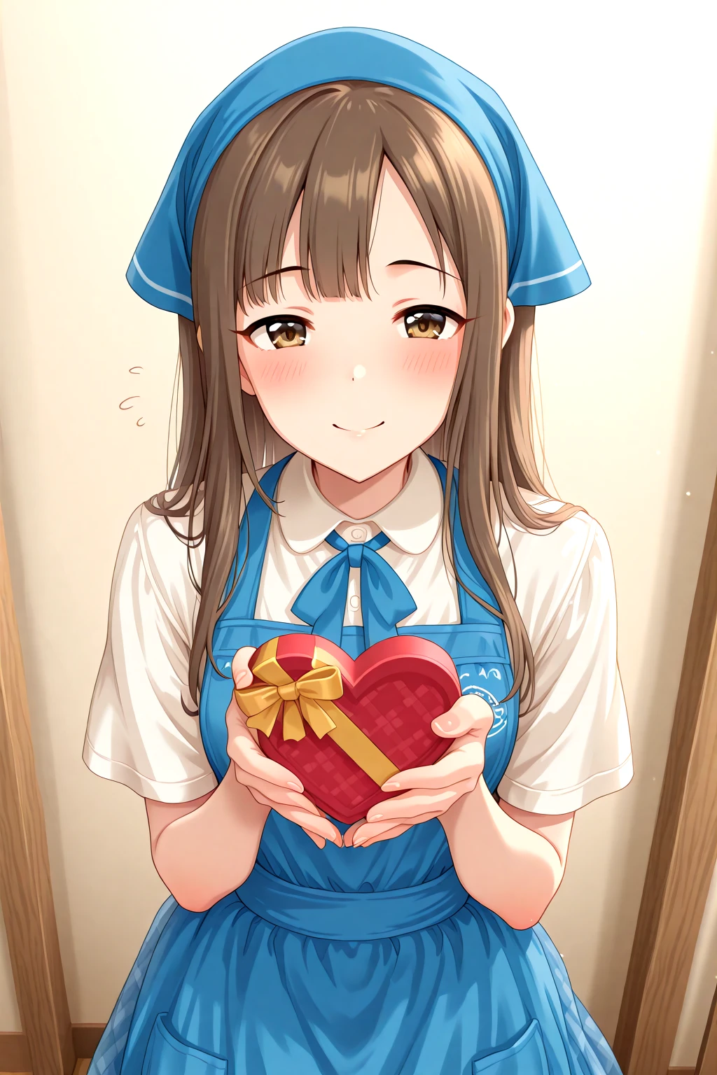 masterpiece, best quality, amazing quality, 1girl, solo, makeup, general, cowboy shot, looking at viewer, blush, dramatic angle, smile, incoming gift, unmoving pattern, heart-shaped box, holding box, holding gift, box, gift, valentine, gift box, flying sweatdrops, hands up, heart, <lora:Mizumoto_Yukari_Cinderella:1>, Mizumoto_Yukari_Cinderella, long hair, brown hair, brown eyes, breasts, blunt bangs, skirt, ribbon, white shirt, short sleeves, collared shirt, apron, blue skirt, plaid, neck ribbon, black ribbon, blue bow, blue ribbon, waitress, head scarf, blue apron, <lora:wai-A3-V140:1>, <lora:illustrious_noobai_epsilon_pred_1_masterpieces_v1:1>