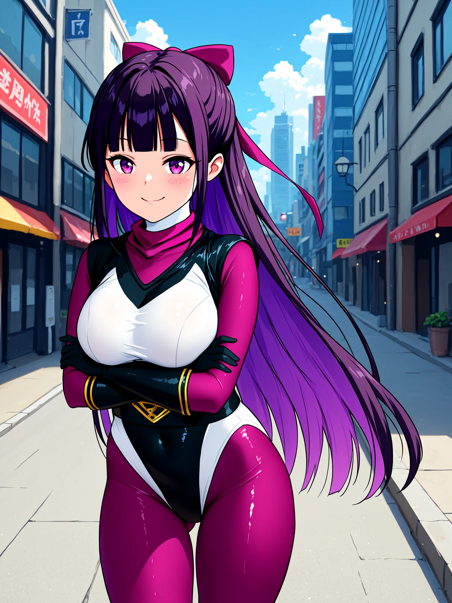 1girl, solo, hanan0kun0ichigumi, shiny clothes, (spandex:1.5), (white neck, covered neck:1.2), bodysuit under clothes, purple bodysuit, purple scarf, <lora:Hana_no_Kunoichi_Gumi_IL:1>, BREAK,
(two-tone leotard, black leotard, white leotard, highleg leotard:1.5), elbow gloves, black gloves, gold trim, belt, black belt, BREAK,
black hair, very long hair, straight hair, blunt bangs, long sidelocks, half updo, hair bow, purple bow, purple eyes, colored inner hair, purple hair, large breasts, BREAK,
blush, smile, closed mouth, looking at viewer, BREAK,
crossed arms, covered navel, ass visible through thighs, BREAK,
outdoors, city, street, blue sky, cloudy sky