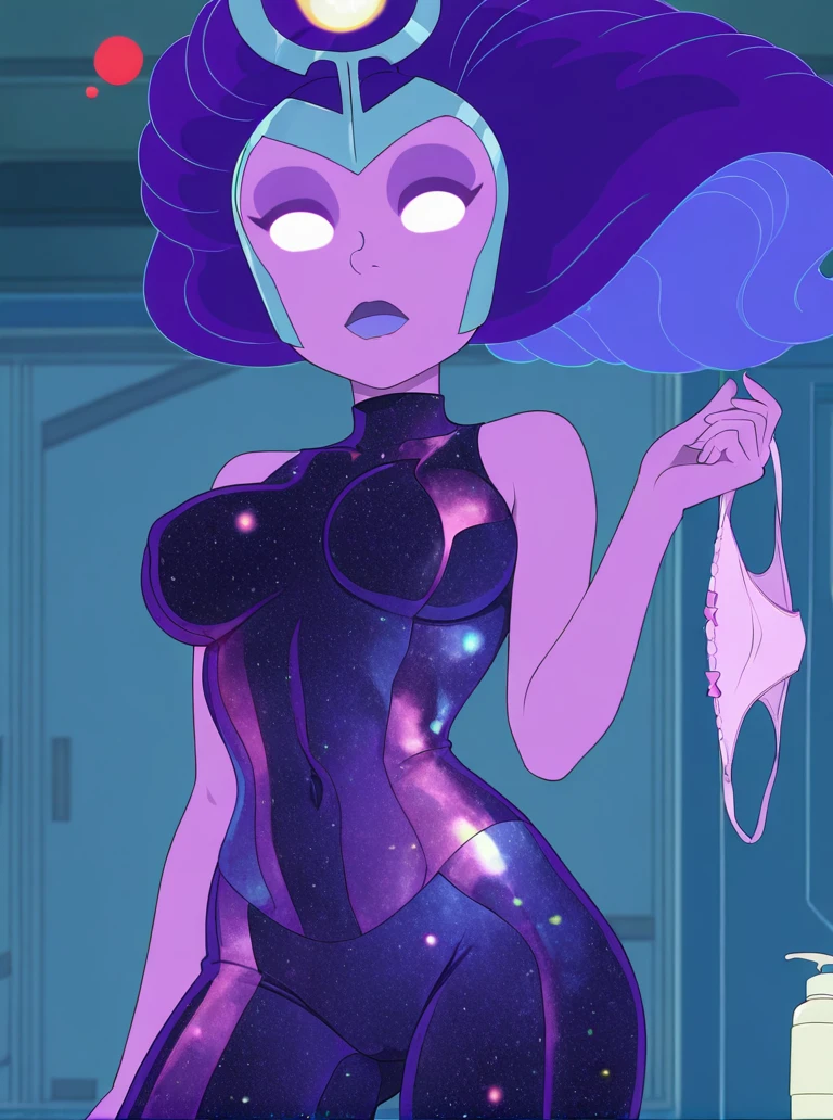 Supernova has large breasts and is wearing her bikinis 