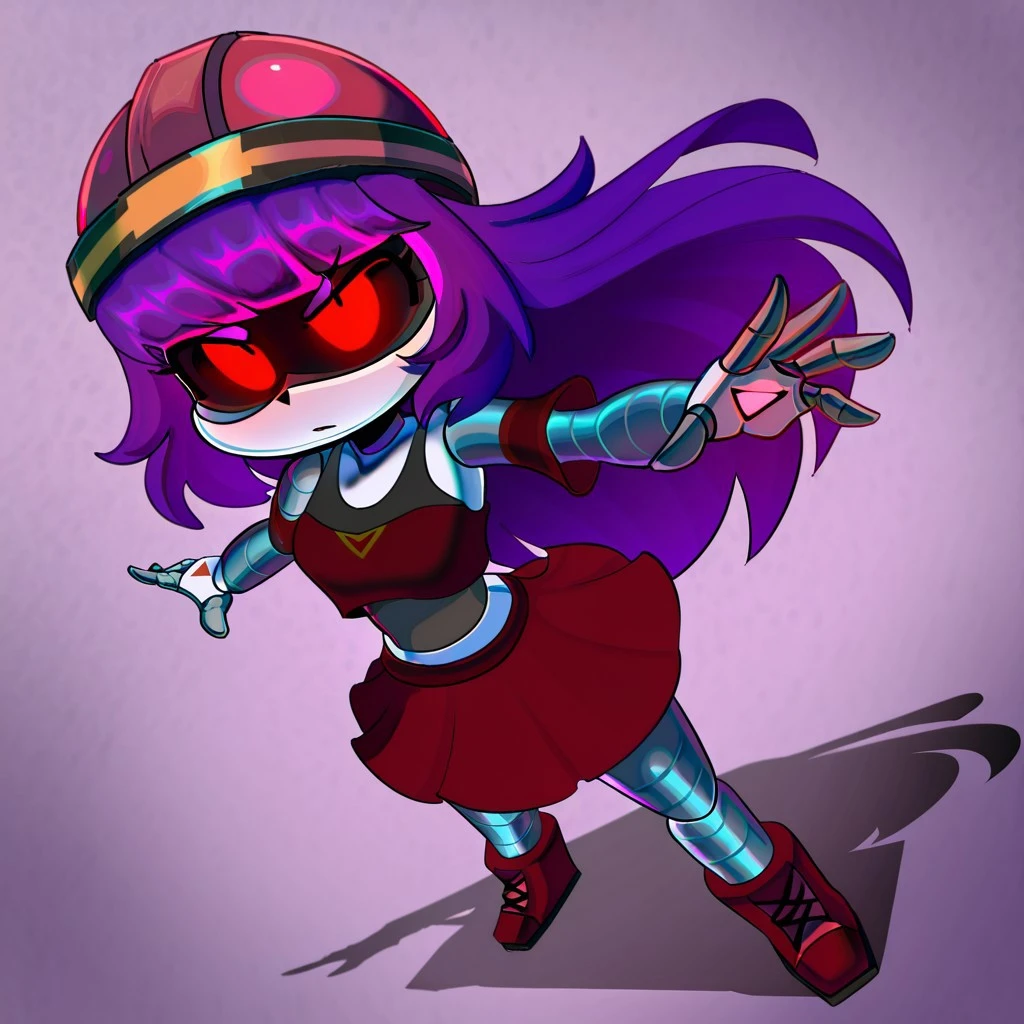 detailed, masterpiece, best quality, high quality, amazing quality, highres, newest, absurdres, solo,
Darky2122,
D0ll, Purple Hair, Red Eyes, glowing eyes, Robot, black Visor, red helmet, Red Crop Top, Black tank top, red skirt, dynamic angle, dynamic pose, dramatic shadow,