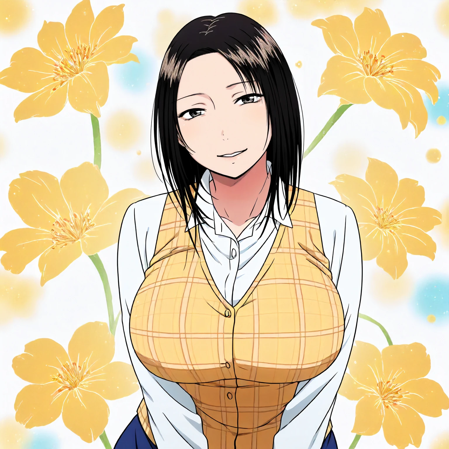 (((Yellow apron)))、BREAK、(((High resolution)))、(((high quality)))、(((masterpiece)))、Anime Style、(Pink Sweater)、BREAK、In the garden of the house、Big Breasts、((Navy blue jeans))、smile、ribbon、Big Breasts