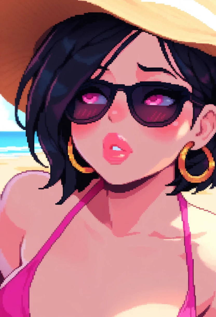 score_9, score_8_up, score_7_up, r1s0, 1girl, simple background, Asian, bikini, sunny, lovely, bob cut hair, sun hat, gentle smile, purple lips, black eyes,