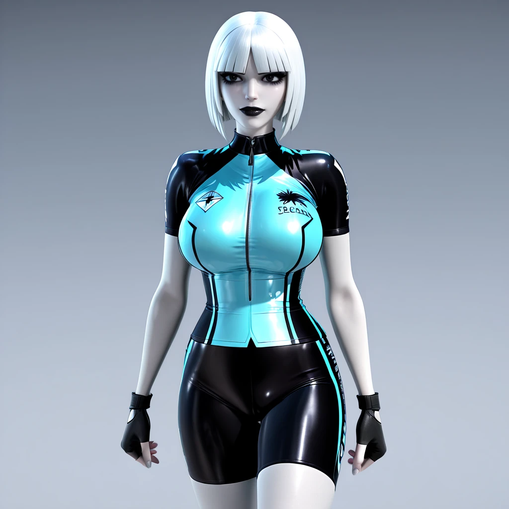 <lora:MagpieDC_illustrious_v1:.6>  Magpie, 1girl, large breasts, short hair, bob cut, makeup, black lips, pale skin, white hair, lipstick, bangs, cowboy shot, 3d <lora:cycling-uniform-illustriousxl-lora-nochekaiser:1> cycling uniform, bike jersey, bike shorts, biker clothes, fingerless gloves, gloves, short sleeves,