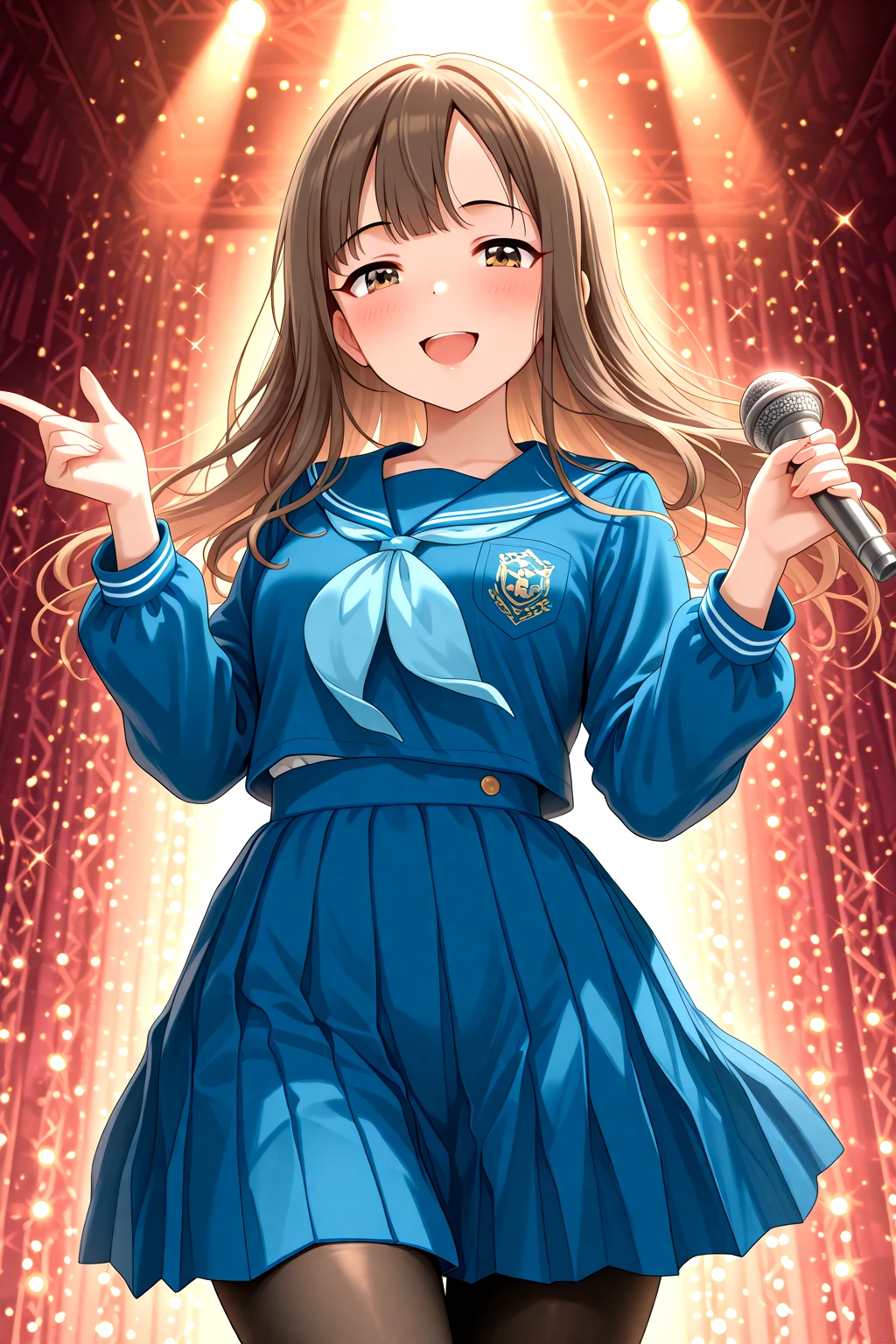 masterpiece, best quality, amazing quality, 1girl, solo, makeup, general, cowboy shot, looking at viewer, blush, dramatic angle, smile, open mouth, w arms, posing, stage, stage lights, holding microphone, <lora:Mizumoto_Yukari_Cinderella:1>, Mizumoto_Yukari_Cinderella, long hair, brown hair, brown eyes, breasts, blunt bangs, school uniform, pleated skirt, shoes, blue skirt, black pantyhose, blue serafuku, loafers, <lora:wai-A3-V140:1>, <lora:illustrious_noobai_epsilon_pred_1_masterpieces_v1:1>