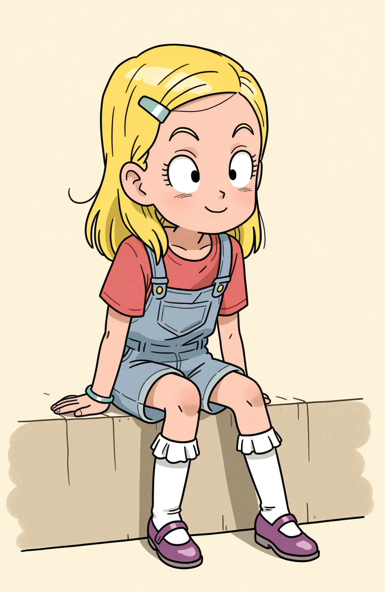 masterpiece, best quality, amazing quality, 1girl, solo,
<lora:YoungBeth_v1:0.8> youngbeth, black eyes, child, blonde hair, long hair, hairclip, blue overalls, overall shorts, kneesocks, frilled socks, white socks, bracelet, red shirt, short sleeves, purple footwear, mary janes,
sitting, leaning forward, impish smile, eager eyes, playful charm,
 <lora:dragonland_v1-2:1> toriyama akira \(style\), (watercolor \(medium\), traditional media),