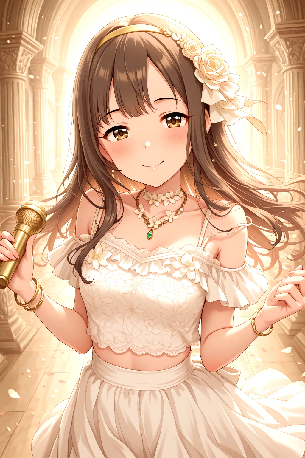 masterpiece, best quality, amazing quality, 1girl, solo, makeup, general, cowboy shot, looking at viewer, blush, dramatic angle, smile, petals, rose, holding microphone, idol, pillar, <lora:Mizumoto_Yukari_Cinderella:1>, Mizumoto_Yukari_Cinderella, long hair, brown hair, brown eyes, breasts, blunt bangs, skirt, hair ornament, ribbon, jewelry, bare shoulders, flower, hairband, choker, midriff, hair flower, necklace, bracelet, strap slip, <lora:wai-A3-V140:1>, <lora:illustrious_noobai_epsilon_pred_1_masterpieces_v1:1>