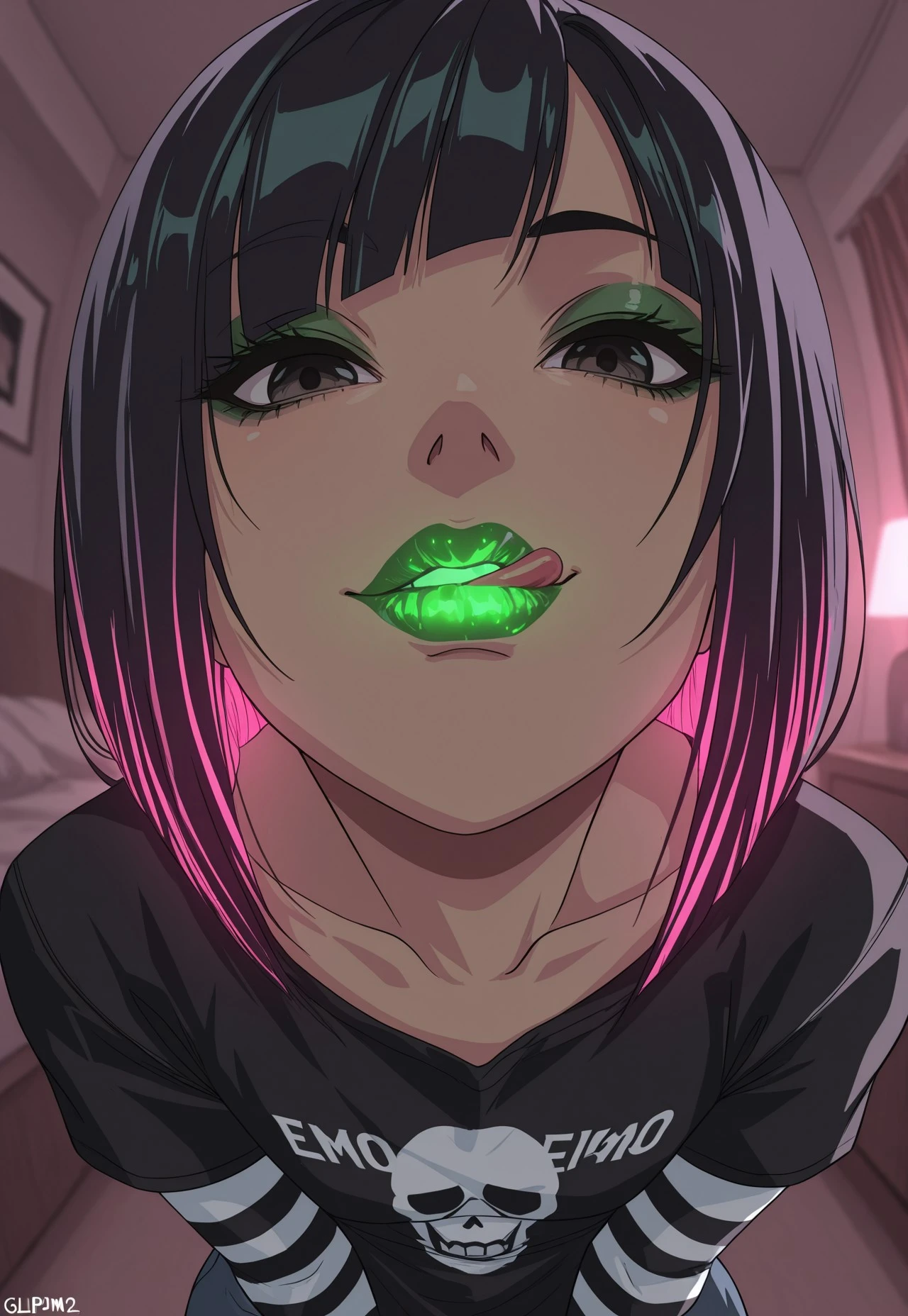 (((ultra detailed, masterpiece, high quality, best view, self licking lips, green lipstick)))
,
((( Glolipmb2, lipstick, glowing lipstick,)))
,
((( 1girl, solo, )))
,
((( beautiful, pretty, emo girl, colored hair)))
,
((( indoors, bedroom)))
,
((( )))
((( )))
