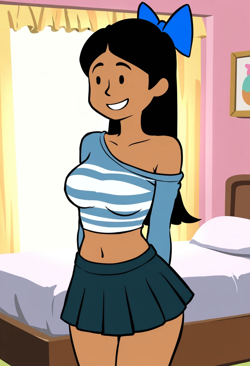 beautiful, masterpiece, best quality, 1 girl, solo, black hair, short hair, bob hair, bare neck, bare shoulders, blue eyes, smile, medium breast, orange ruffle off the shoulder top, orange strapless shirt, belly button, thin waist, blue leggings, black high heels, walking, candles, nightfall, Mexican Village background, looking at viewer.