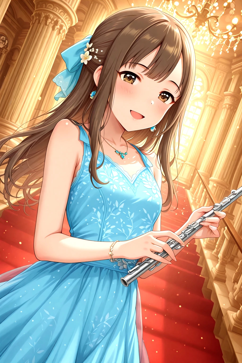 masterpiece, best quality, amazing quality, 1girl, solo, makeup, general, cowboy shot, looking at viewer, blush, dramatic angle, smile, holding, instrument, stairs, holding instrument, flute, half updo, music, railing, pillar, chandelier, red carpet, open mouth, from side, <lora:Mizumoto_Yukari_Cinderella:1>, Mizumoto_Yukari_Cinderella, long hair, brown hair, brown eyes, breasts, blunt bangs, hair ornament, dress, jewelry, bare shoulders, sleeveless dress, blue dress, evening gown, gown, collarbone, flower, hair bow, earrings, necklace, bracelet, <lora:wai-A3-V140:1>, <lora:illustrious_noobai_epsilon_pred_1_masterpieces_v1:1>