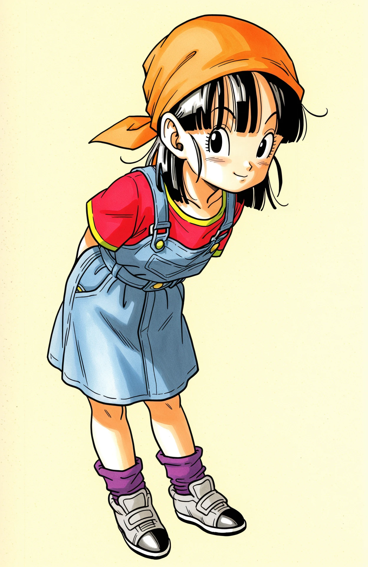 masterpiece, best quality, amazing quality, <lora:dragonland_v1:0.9> toriyama akira \(style\), watercolor \(medium\), traditional media,
solo, 1girl, pan \(dragon ball\), black hair, black eyes, blunt bangs, orange bandana, red shirt, short sleeves, yellow trim, denim, overall dress, purple socks, grey sneakers, leaning forward, arms behind back, looking at viewer, light smile, blush,