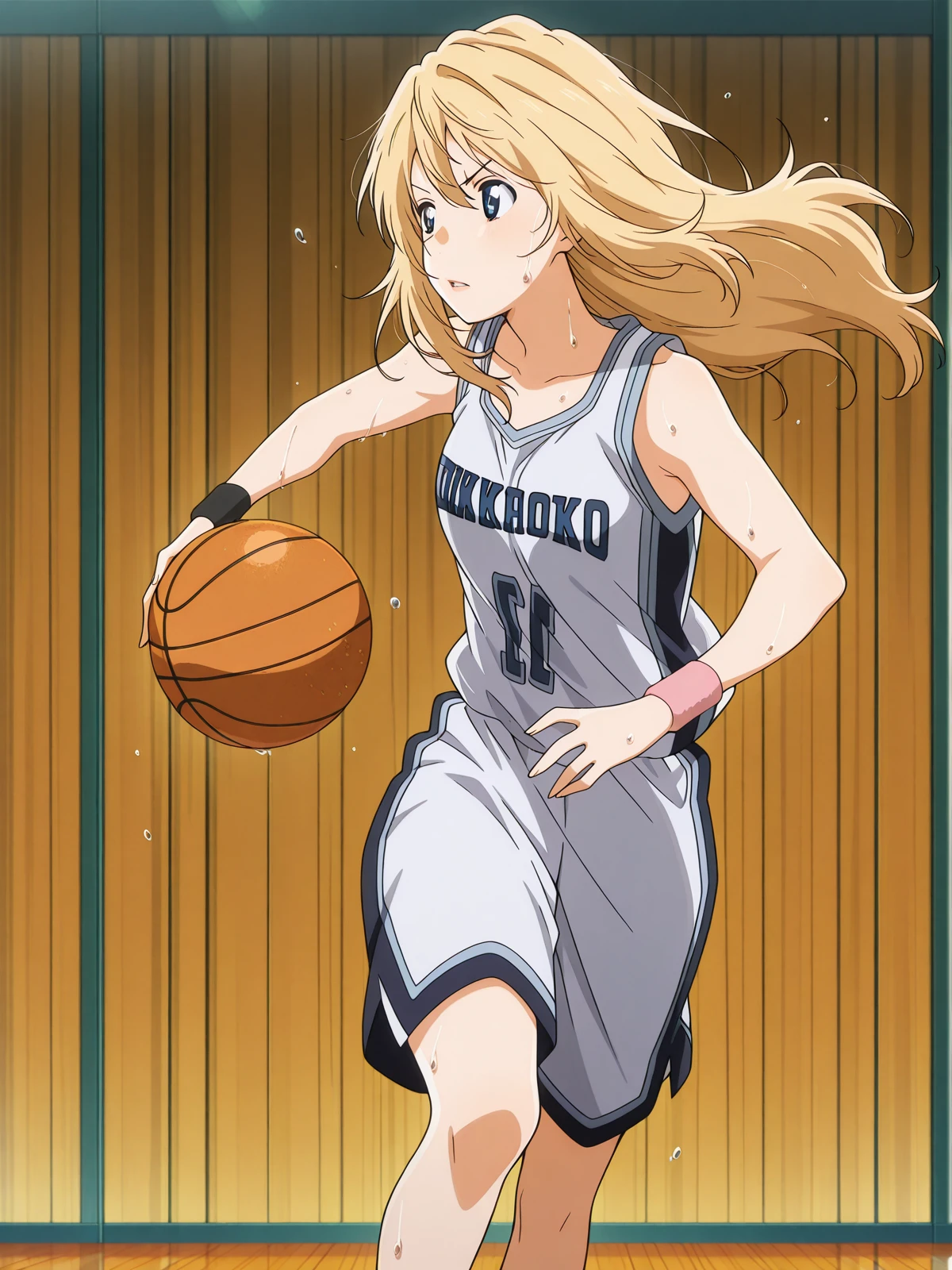 masterpiece, best quality, amazing quality,, <lora:kaori-miyazono-s1-illustriousxl-lora-nochekaiser:1>, kaori miyazono, long hair, blonde hair, blue eyes, mature female, small breasts, anime screencap,, <lora:basketball-dribbling-illustriousxl-lora-nochekaiser:1>, basketball dribbling, dribbling (basketball), solo, shirt, holding, sweat, shorts, sleeveless, looking to the side, feet out of frame, wristband, ball, sportswear, holding ball, basketball (object), basketball, basketball uniform,, , ,