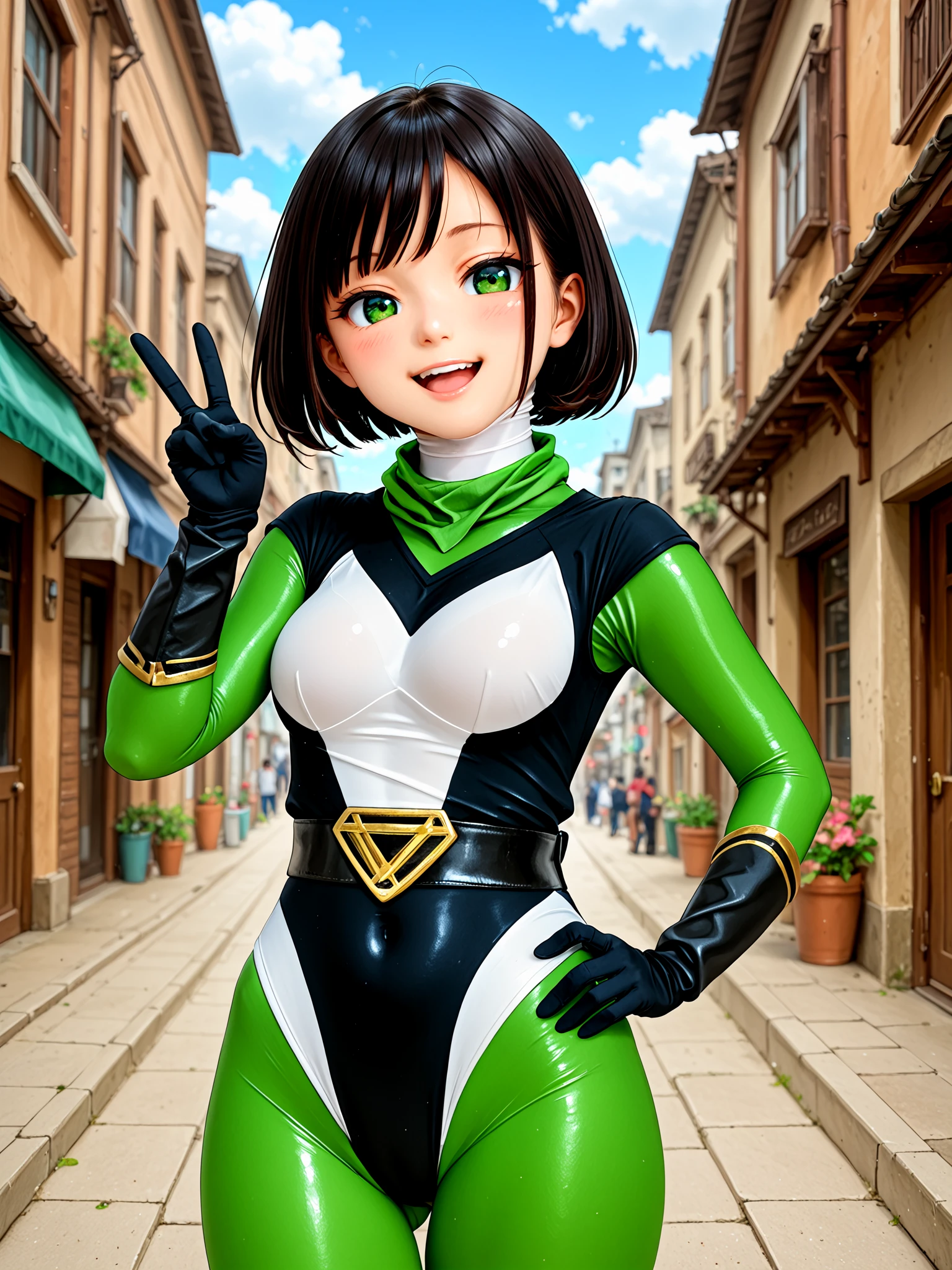 1girl, solo, hanan0kun0ichigumi, shiny clothes, (spandex:1.5), (white neck, covered neck:1.25), bodysuit under clothes, green bodysuit, green scarf, <lora:Hana_no_Kunoichi_Gumi_IL:1>, BREAK,
two-tone leotard, black leotard, white leotard, highleg leotard, elbow gloves, black gloves, gold trim, belt, black belt, BREAK,
black hair, short hair, swept bangs, sidelocks, bob cut, green eyes, medium breasts, BREAK,
smile, open mouth, teeth, upper teeth only, blush, looking at viewer, BREAK,
v, hand on own hip, covered navel, ass visible through thighs, cowboy shot, BREAK,
outdoors, city, street, blue sky, cloudy sky