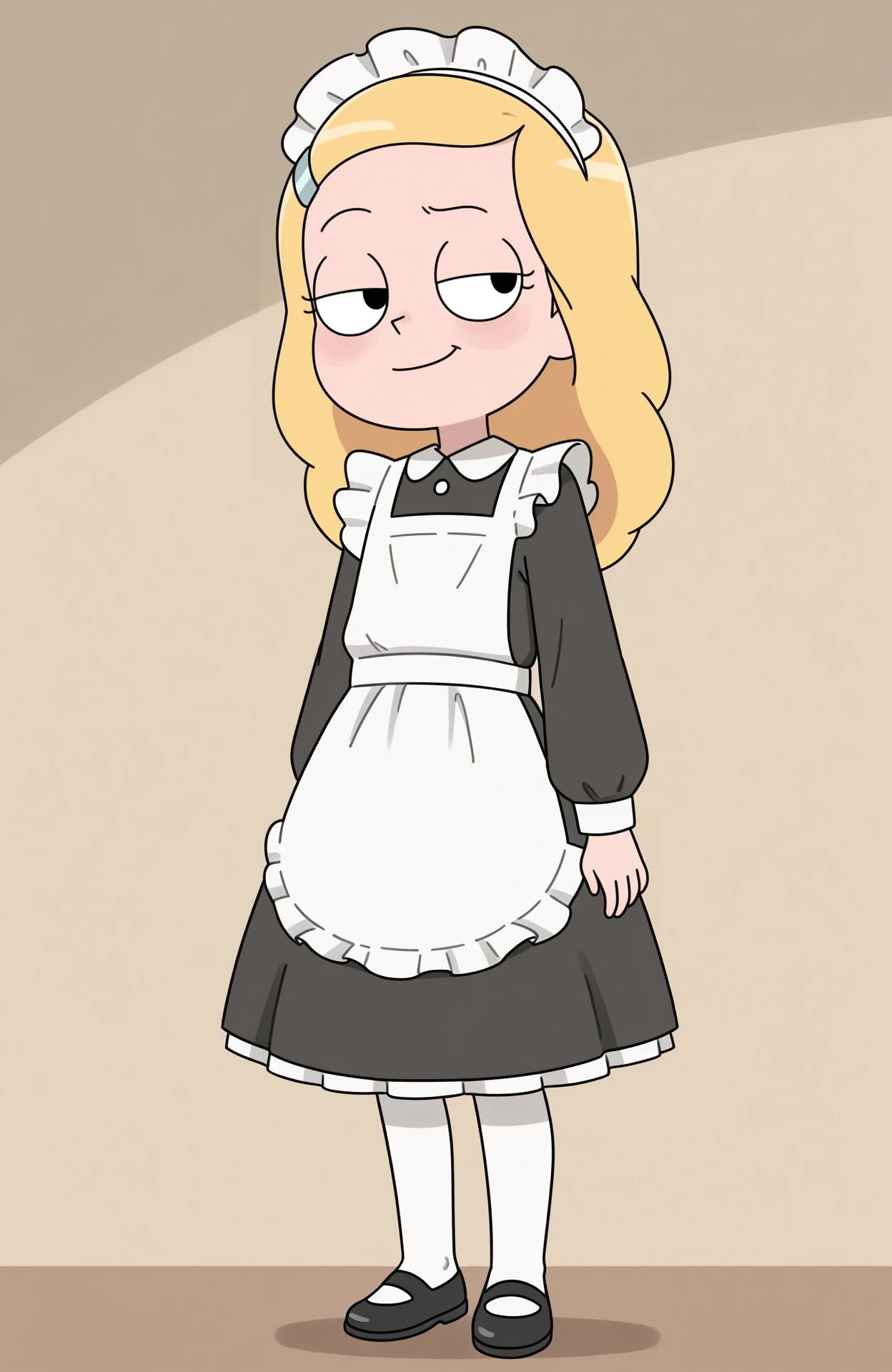 masterpiece, best quality, amazing quality, 1girl, solo,
<lora:YoungBeth_v1:0.8> youngbeth, black eyes, child, blonde hair, long hair, hairclip,
maid outfit, long-sleeved dress, white apron, white pantyhose, black shoes, maid headdress,
standing, low light, hidden features, subtle smirk, secretive glance,