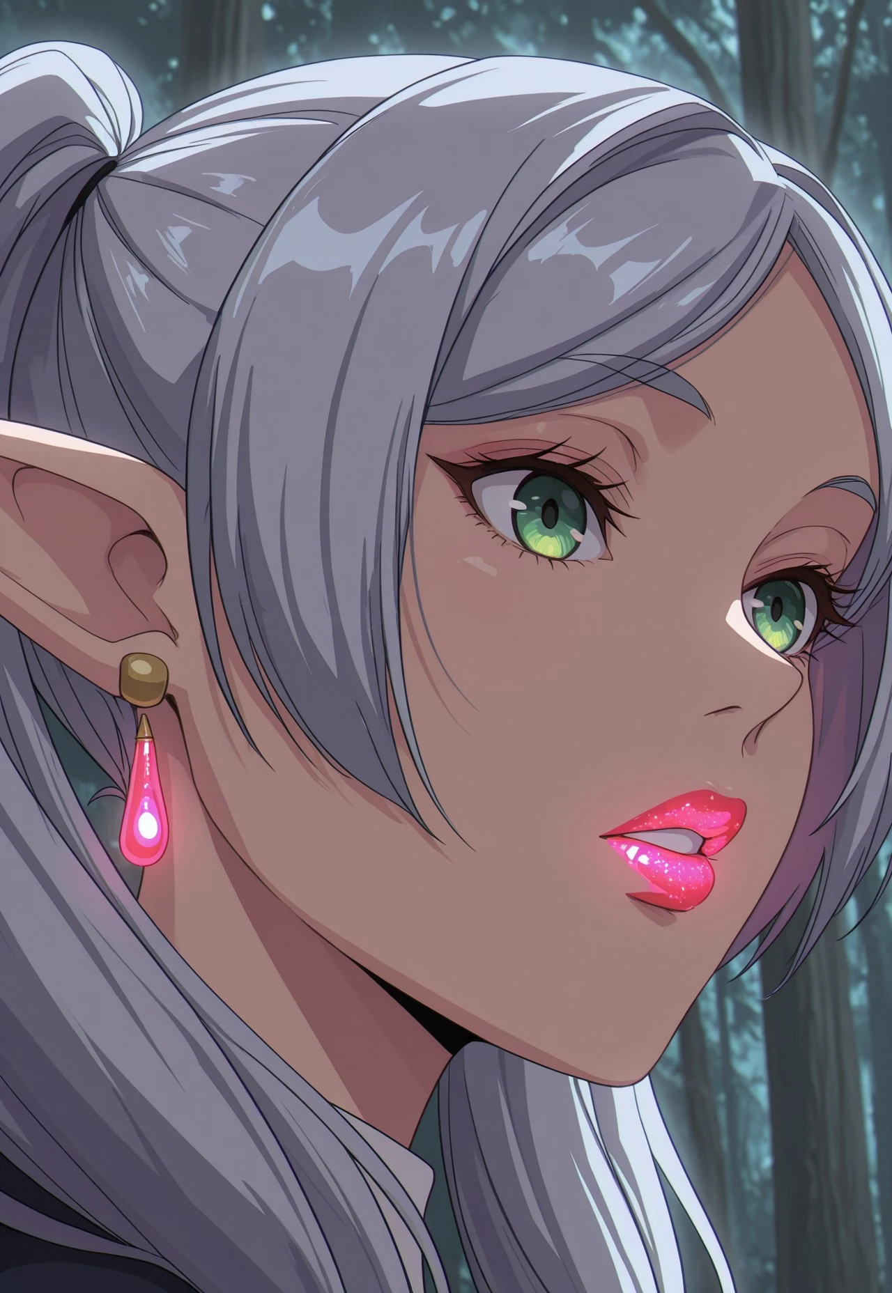 (((ultra detailed, masterpiece, high quality, face view, parted lips)))
, 
((( Glolipmb2, lipstick, glowing lipstick,)))
,
((( 1girl, solo, )))
,
((( grey hair, long hair, green eyes, twintails, parted bangs, earrings, pointy ears)))
,
((( outdoors, forest)))
,
((( )))

((( )))