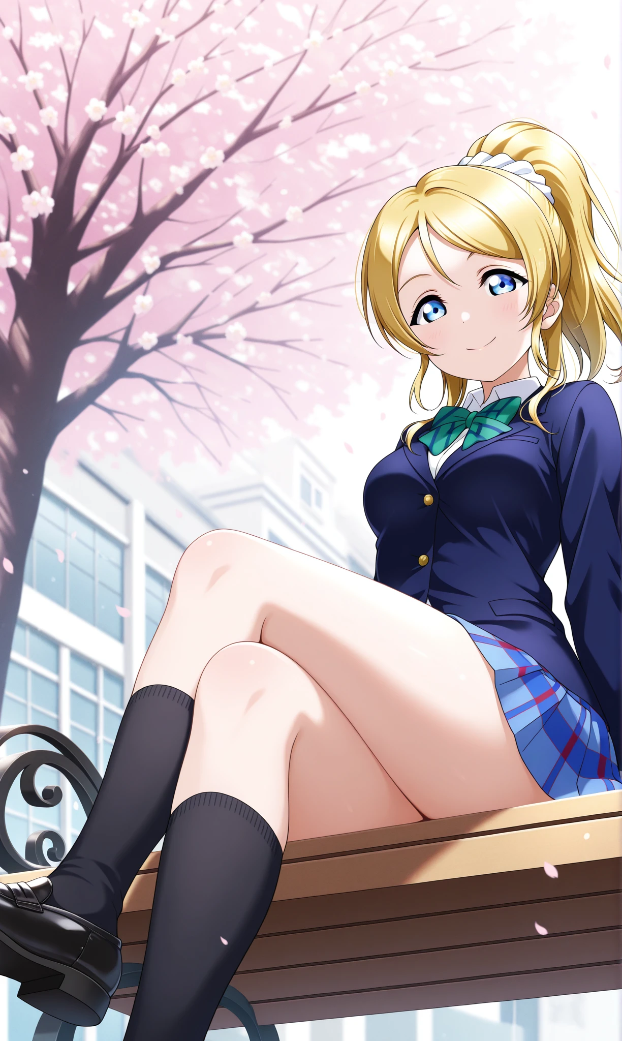 masterpiece、top-quality、女の子 1 人、long、blonde hair、blue eyess、poneyTail、student clothes、a blue skirt, Plaid, plaid skirts,(Skirt lift:1.3), (white panties:1.3)、(Skirt that rolls up:1.3)、(Fully exposed panties:1.5),is standing、A smile