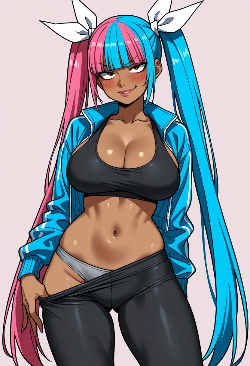 1girl, breasts, pants, jeans, underboob, torn_clothes, pink_eyes, hood, denim, solo, pink_hair, navel, hoodie, torn_pants, smile, looking_at_viewer, midriff, choker, blood, thigh_gap, large_breasts, black_hoodie, long_hair, long_sleeves, open_mouth, cropped_hoodie, cowboy_shot, hair_between_eyes, twintails, crop_top, hood_down, abs