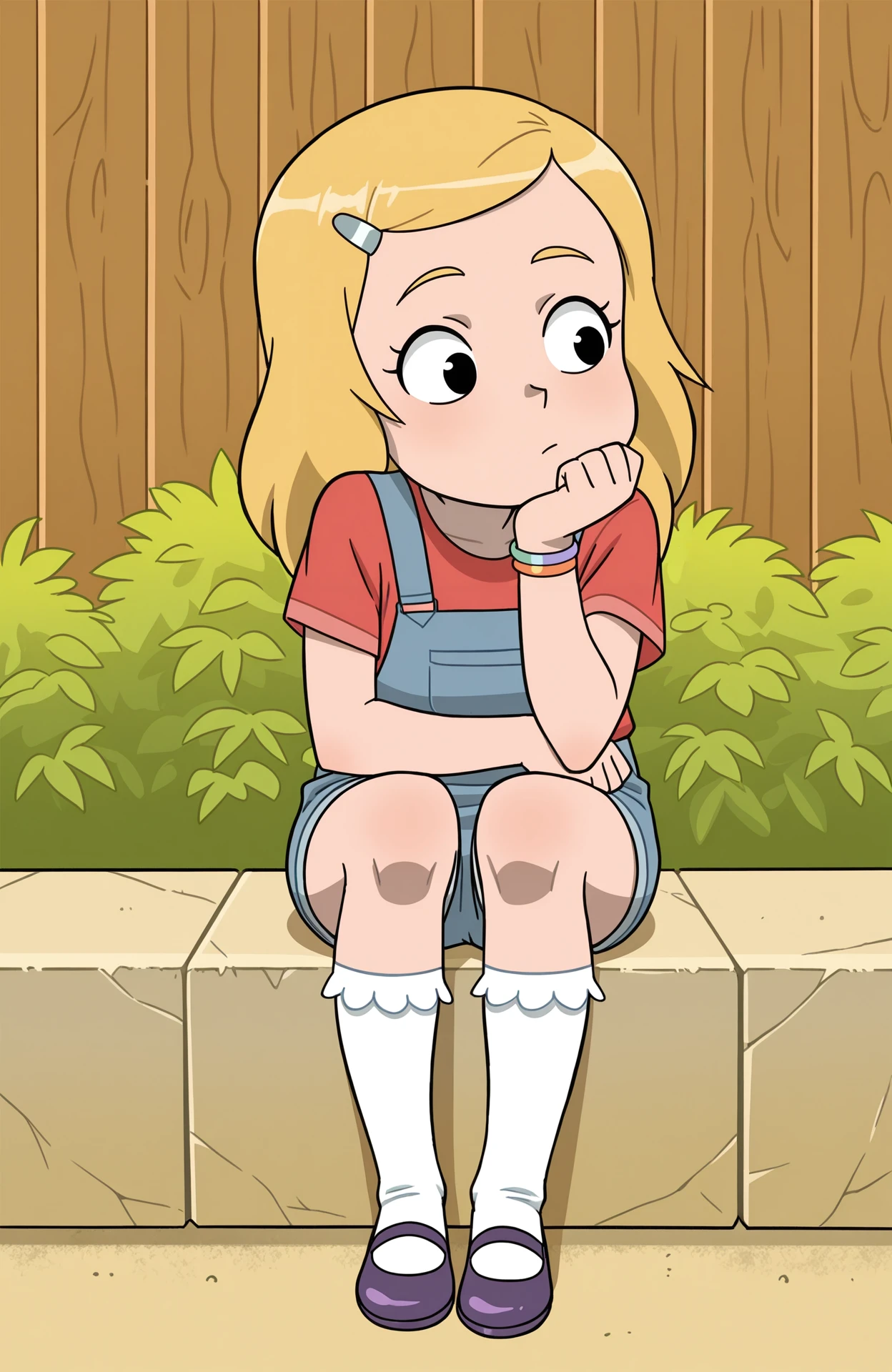 masterpiece, best quality, amazing quality, 1girl, solo,
<lora:YoungBeth_v1:0.8> youngbeth, black eyes, child, blonde hair, long hair, hairclip, blue overalls, overall shorts, kneesocks, frilled socks, white socks, bracelet, red shirt, short sleeves, purple footwear, mary janes,
sitting, chin resting on hand, faraway eyes, tender reminiscence, gentle sadness,
 <lora:Daikinbakuju_v2:0.9> daikinbakuju