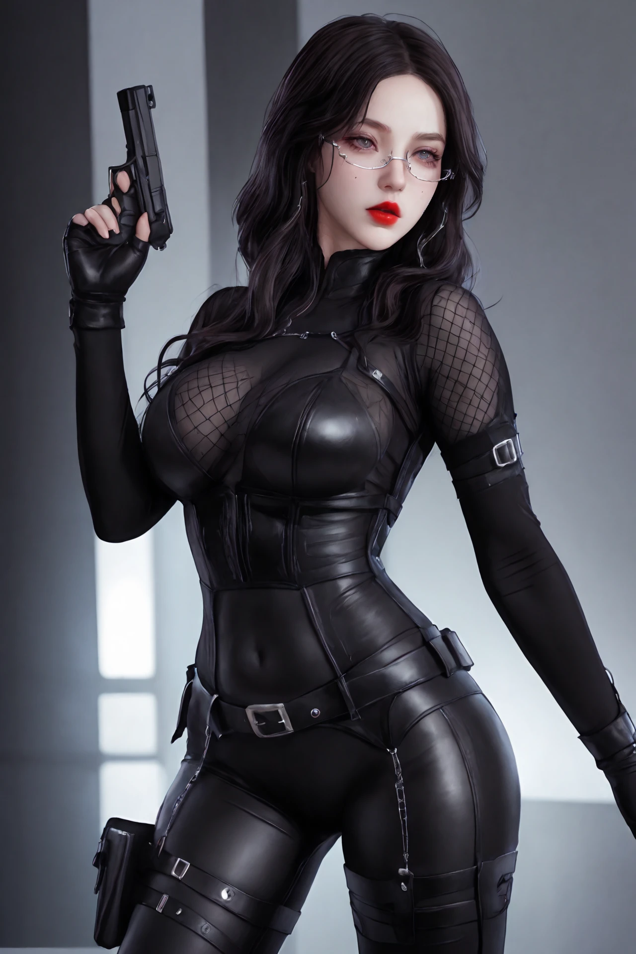 Gorgeous european woman with very short straight hair, ponytail, wet hair, hair slicked back, combed straight back, slick hair, streaked caramelblonde hair, seductive, dressed as bayonetta, cleavage, solid dark grey background