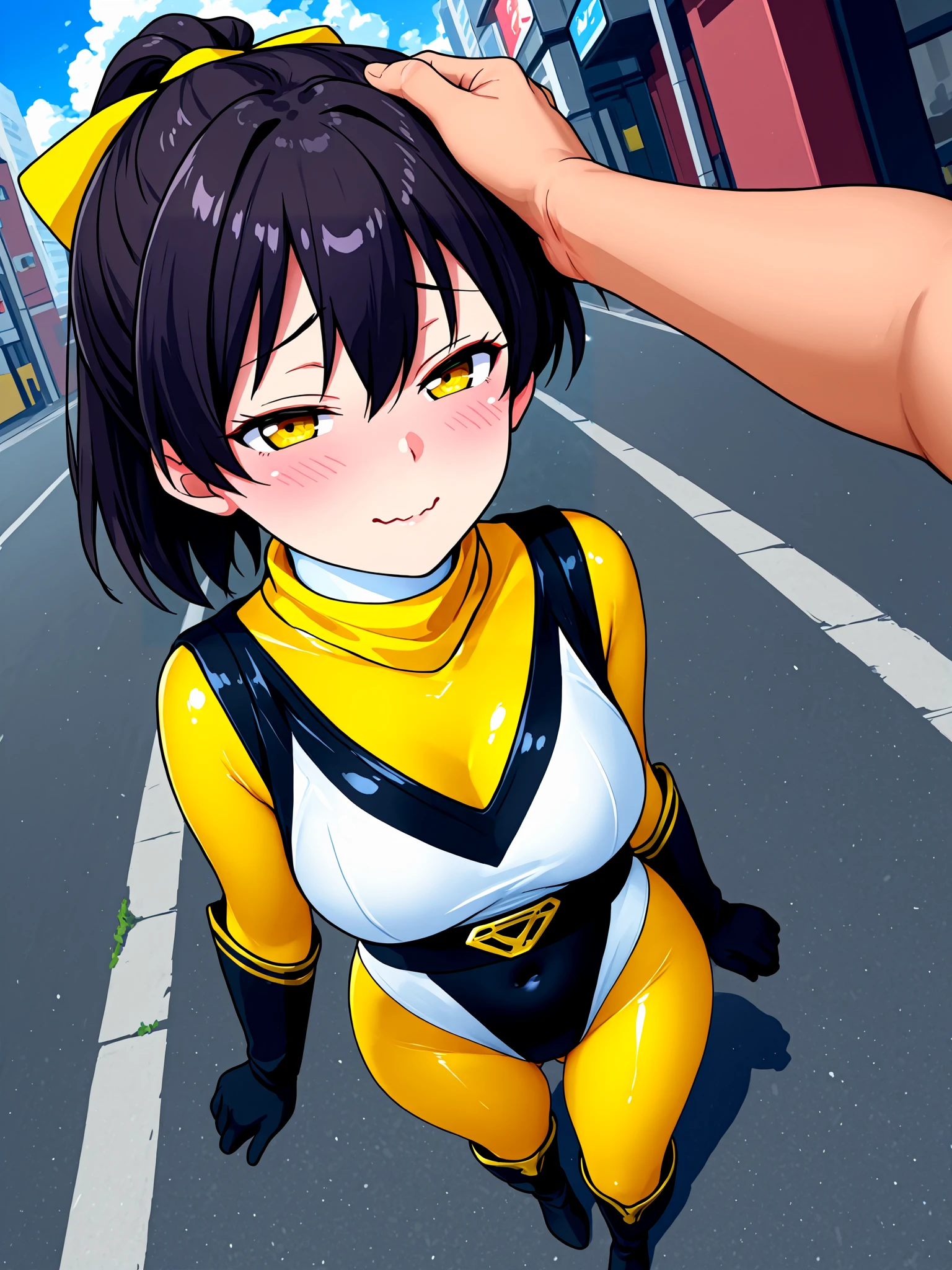 1girl, solo focus, hanan0kun0ichigumi, shiny clothes, (spandex:1.5), (white neck, covered neck:1.2), bodysuit under clothes, (yellow bodysuit:1.2), yellow scarf, <lora:Hana_no_Kunoichi_Gumi_IL:1>, BREAK,
(two-tone leotard, black leotard, white leotard, highleg leotard:1.5), elbow gloves, black gloves, gold trim, belt, black belt, knee boots, black boots, high heel boots, BREAK,
black hair, ponytail, hair between eyes, hair bow, yellow bow, yellow eyes, medium breasts, BREAK,
embarrassed, raised inner eyebrows, half-closed eyes, blush, smile, closed mouth, wavy mouth, looking at viewer, BREAK,
arms at sides, covered navel, ass visible through thighs, BREAK,
1boy, clothed female nude male, hand on another's head, headpat, pov hands, full body, BREAK,
(from above, foreshortening, dutch angle:1.2), outdoors, city, street, blue sky, cloudy sky