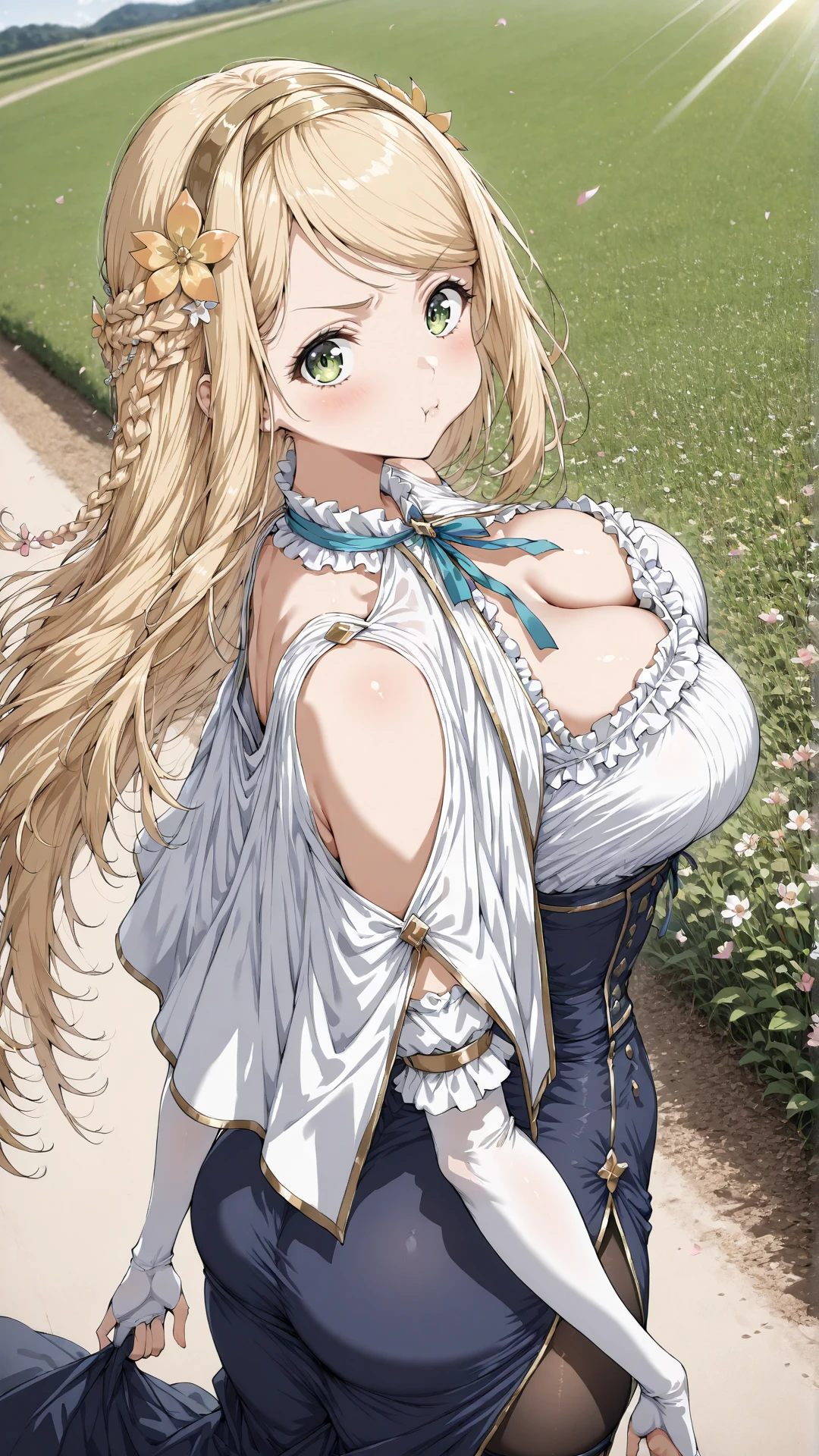 ((highest quality、High resolution))、Portrait、A beautiful woman、Perfect body、beautiful ample breasts、Long blonde、bangs、Blue and white、Embellished blue sexy dress、skirt、a sexually excited look、Show your panties、I'm inviting you to have sex、Outdoor Scenery
