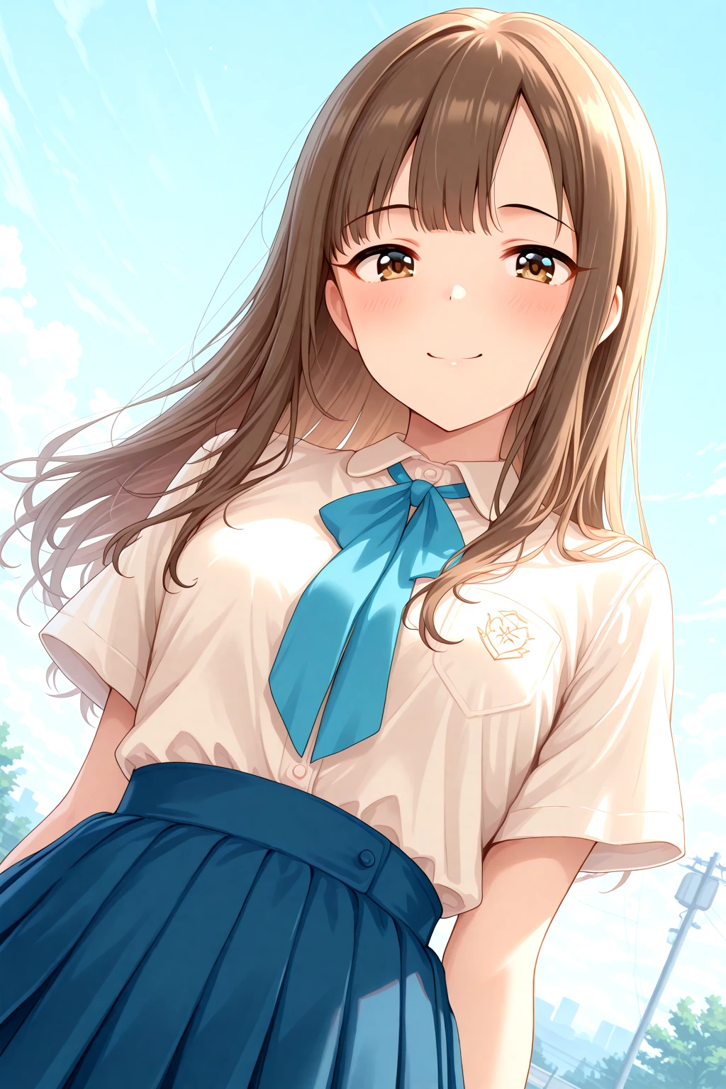 masterpiece, best quality, amazing quality, 1girl, solo, makeup, general, cowboy shot, looking at viewer, blush, dramatic angle, smile, outdoors, sky, dutch angle, <lora:Mizumoto_Yukari_Cinderella:1>, Mizumoto_Yukari_Cinderella, long hair, brown hair, brown eyes, breasts, blunt bangs, school uniform, white shirt, short sleeves, pleated skirt, collared shirt, blue skirt, blue ribbon, pocket, shirt tucked in, breast pocket, bow, <lora:wai-A3-V140:1>, <lora:illustrious_noobai_epsilon_pred_1_masterpieces_v1:1>