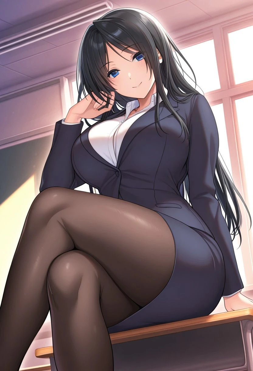 masterpiece, best quality, highres, 1girl, chabashira sae, high ponytail, suit, jacket, cleavage (photorealistic:1.2),((boy shot,lift one's legs,toes,both feet)),evil smile, ((양말)),