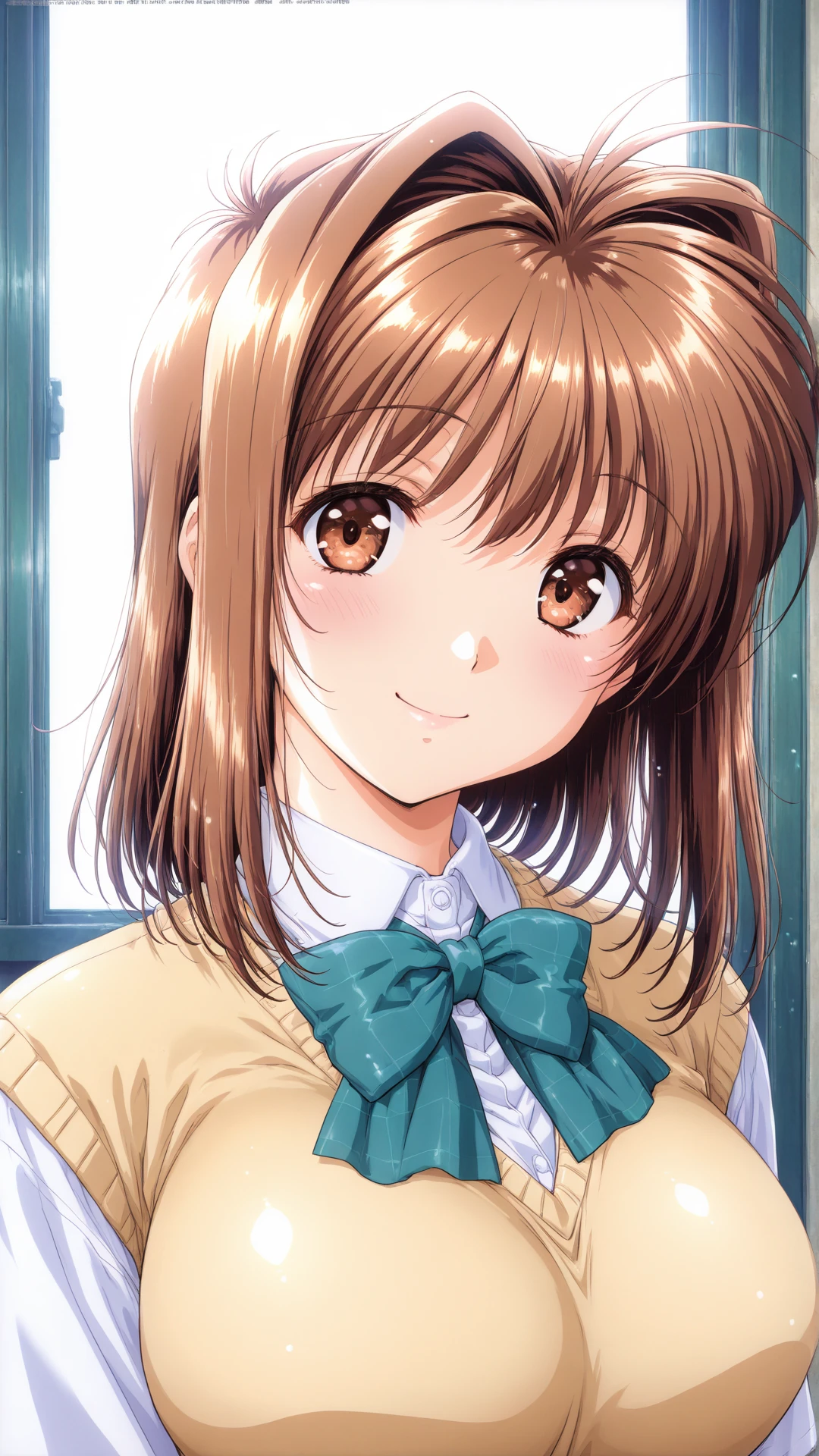 portrait, smile,school uniform,
<lora:kawai_rie_IL:1> kawai rie, brown hair, short hair, hair intakes, bangs, brown eyes, large breasts,
score_9,score_8_up,score_7_up,score_6_up,(ultra detailed:1.4), (high quality:1.3), (masterpiece:1.4),amazing quality,very aesthetic,absurdres,Highly detailed illustration,Artstation style,elegant,sharp focus,cinematic lighting ,